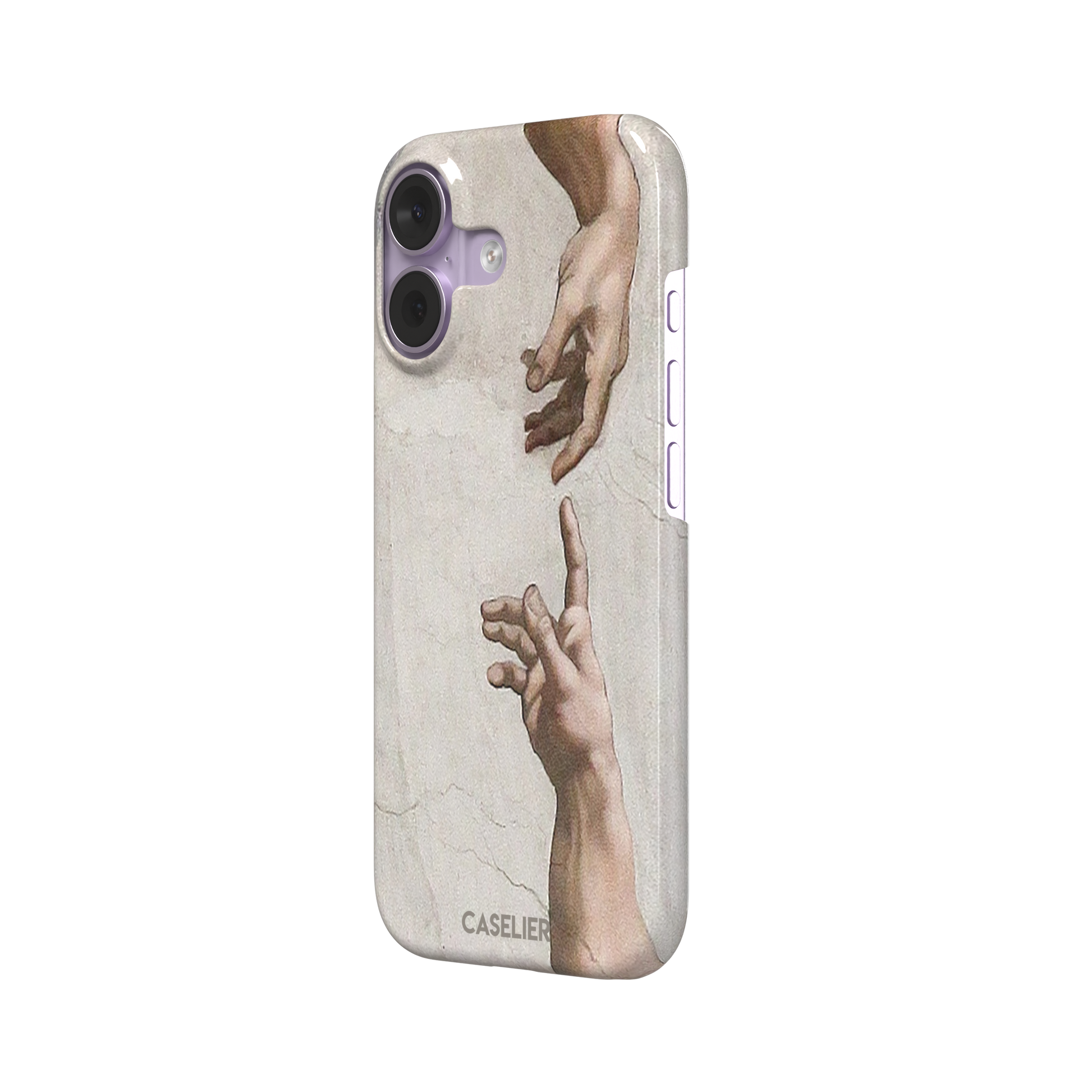 Creation of Adam phone case showing Michelangelo's two reaching hands in warm ivory and skin tones against a cracked fresco background, phone case by Caselier — snap case, right view