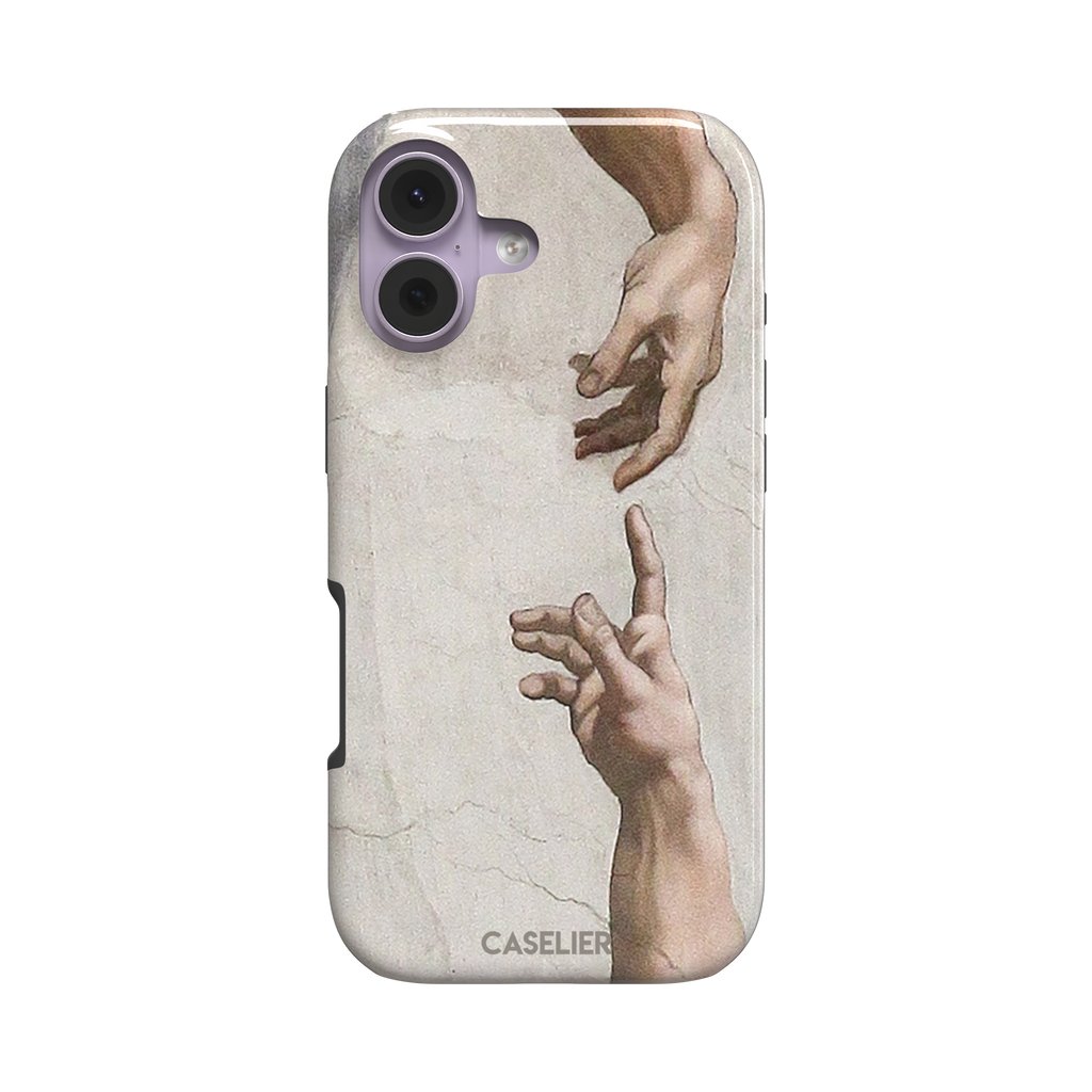 Creation of Adam phone case showing Michelangelo's two reaching hands in warm ivory and skin tones against a cracked fresco background, phone case by Caselier — tough case, front view