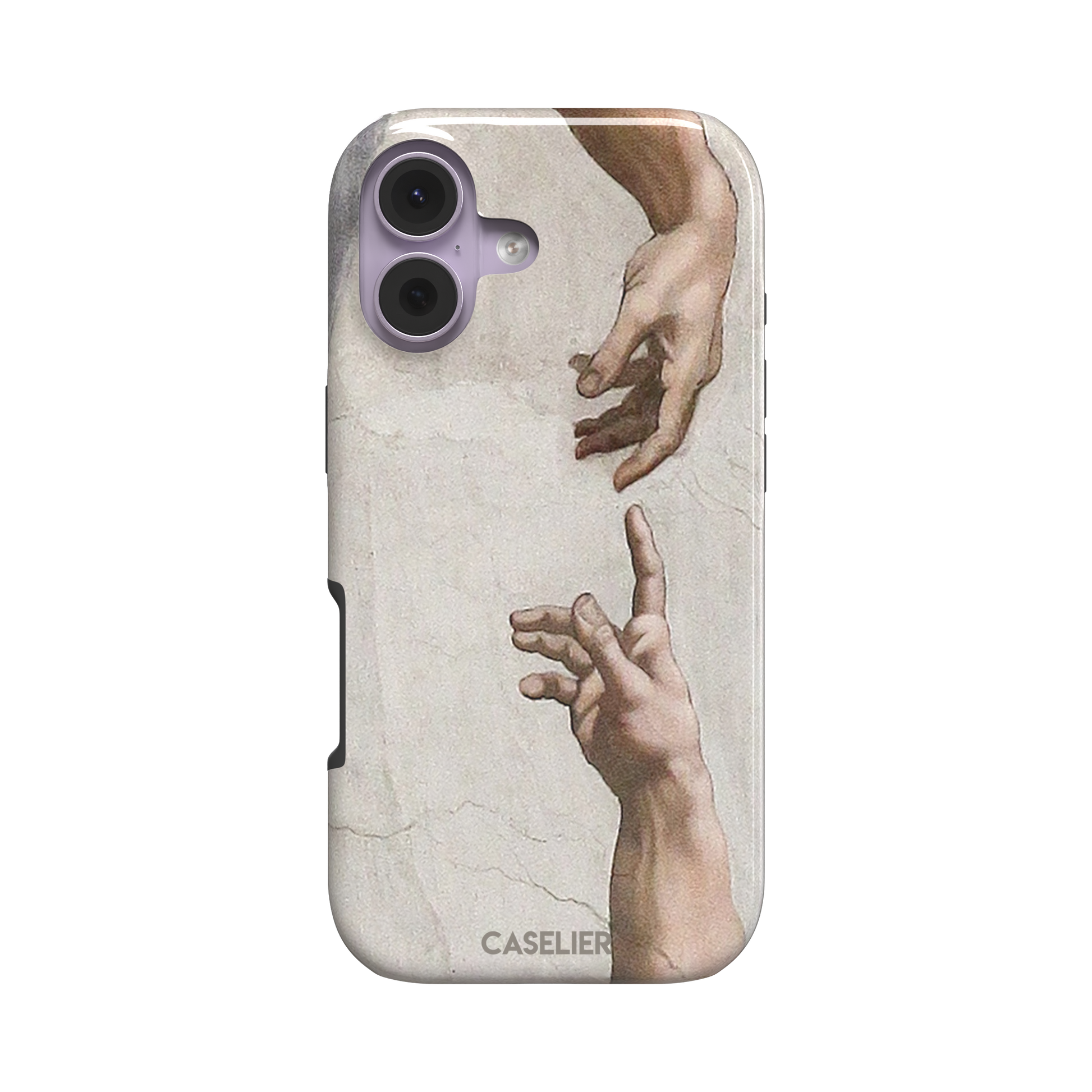 Creation of Adam phone case showing Michelangelo's two reaching hands in warm ivory and skin tones against a cracked fresco background, phone case by Caselier — tough case, front view