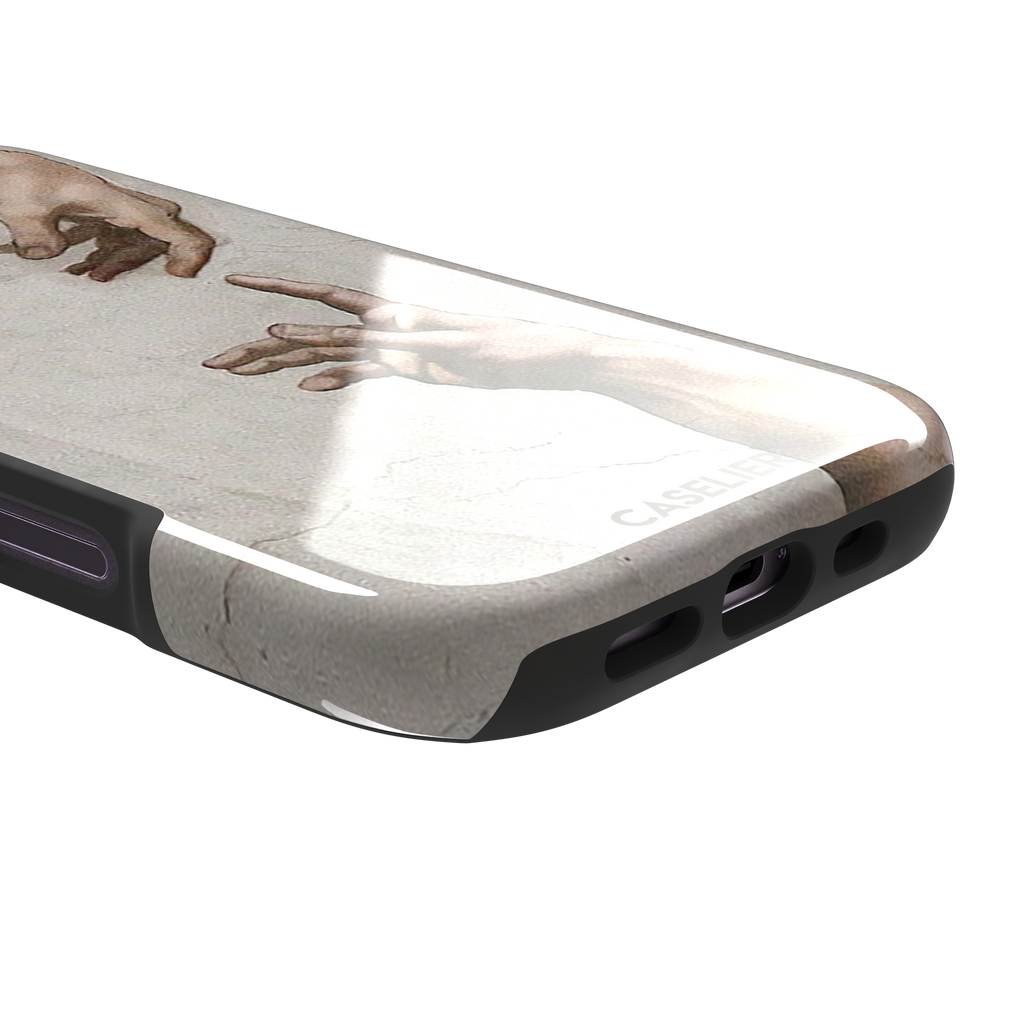 Creation of Adam phone case showing Michelangelo's two reaching hands in warm ivory and skin tones against a cracked fresco background, phone case by Caselier — tough case, charging port detail