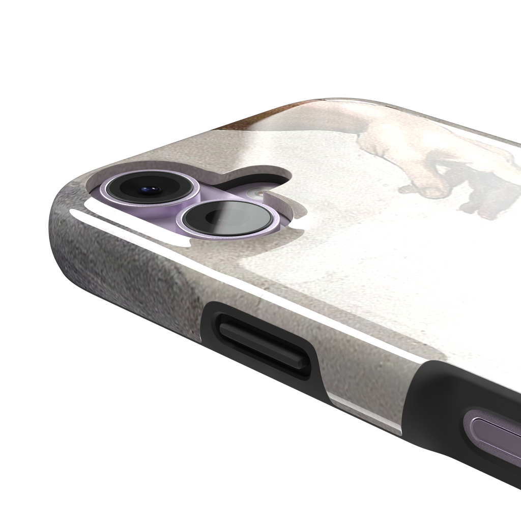 Creation of Adam phone case showing Michelangelo's two reaching hands in warm ivory and skin tones against a cracked fresco background, phone case by Caselier — tough case, volume buttons detail