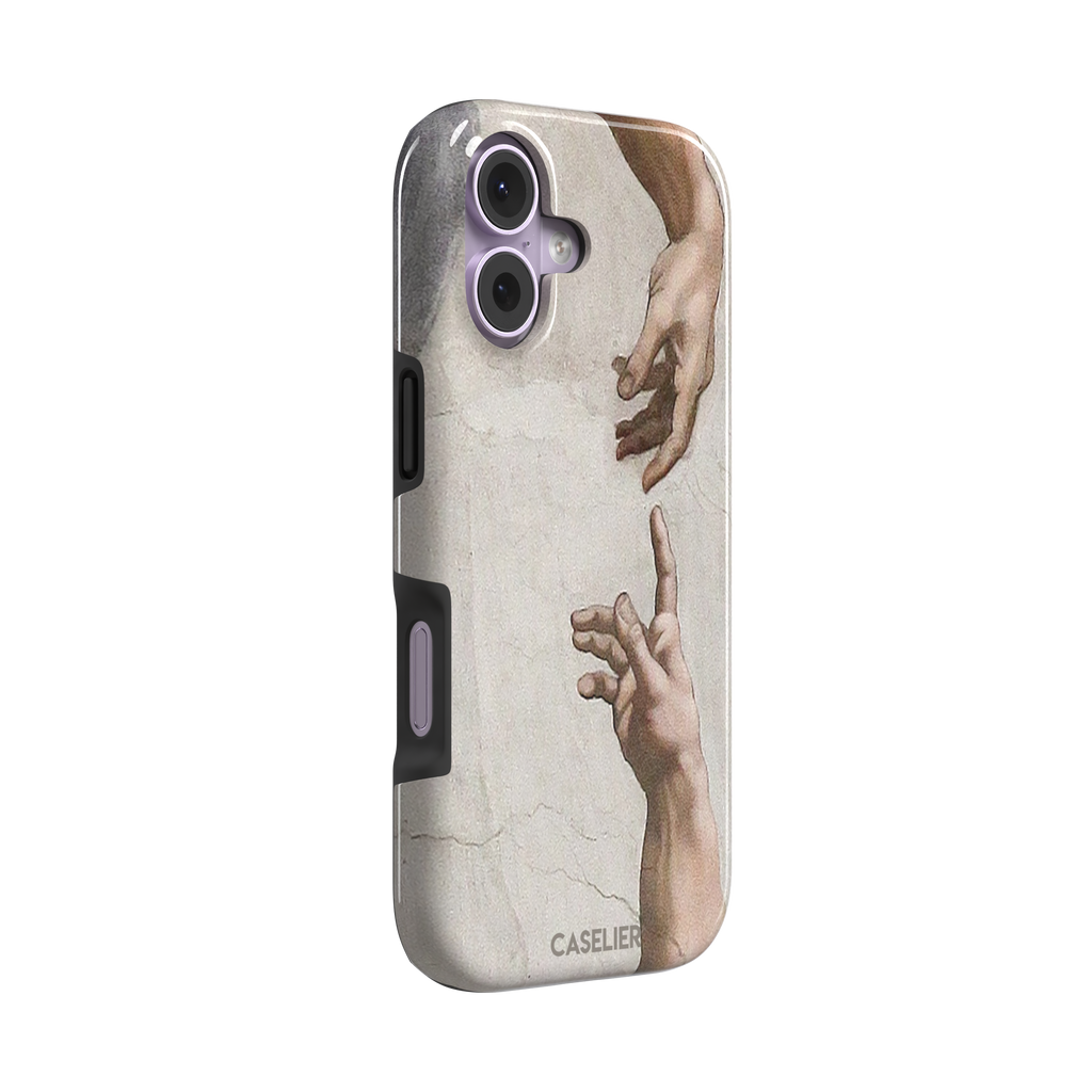 Creation of Adam phone case showing Michelangelo's two reaching hands in warm ivory and skin tones against a cracked fresco background, phone case by Caselier — tough case, left view