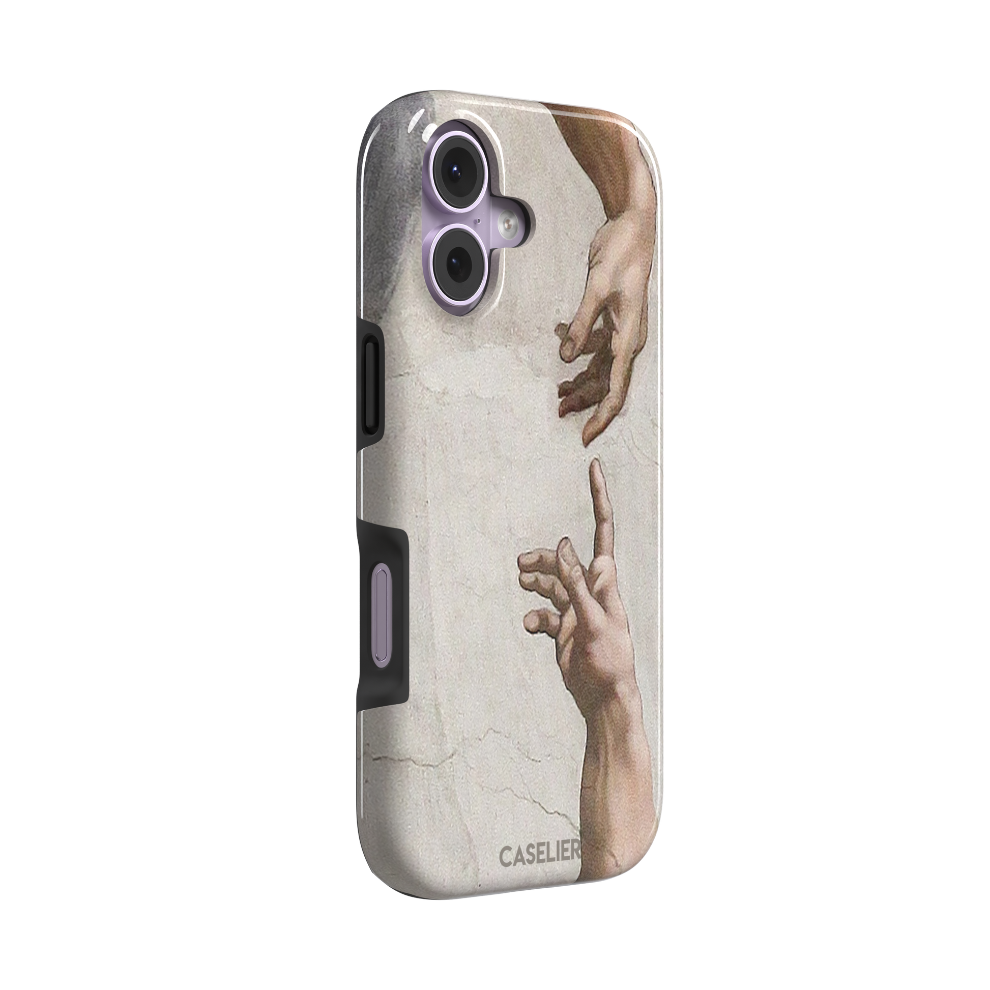 Creation of Adam phone case showing Michelangelo's two reaching hands in warm ivory and skin tones against a cracked fresco background, phone case by Caselier — tough case, left view