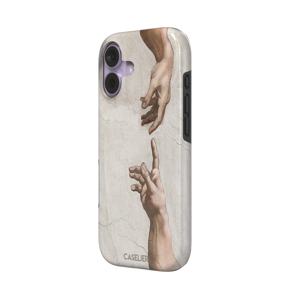 Creation of Adam phone case showing Michelangelo's two reaching hands in warm ivory and skin tones against a cracked fresco background, phone case by Caselier — tough case, right view