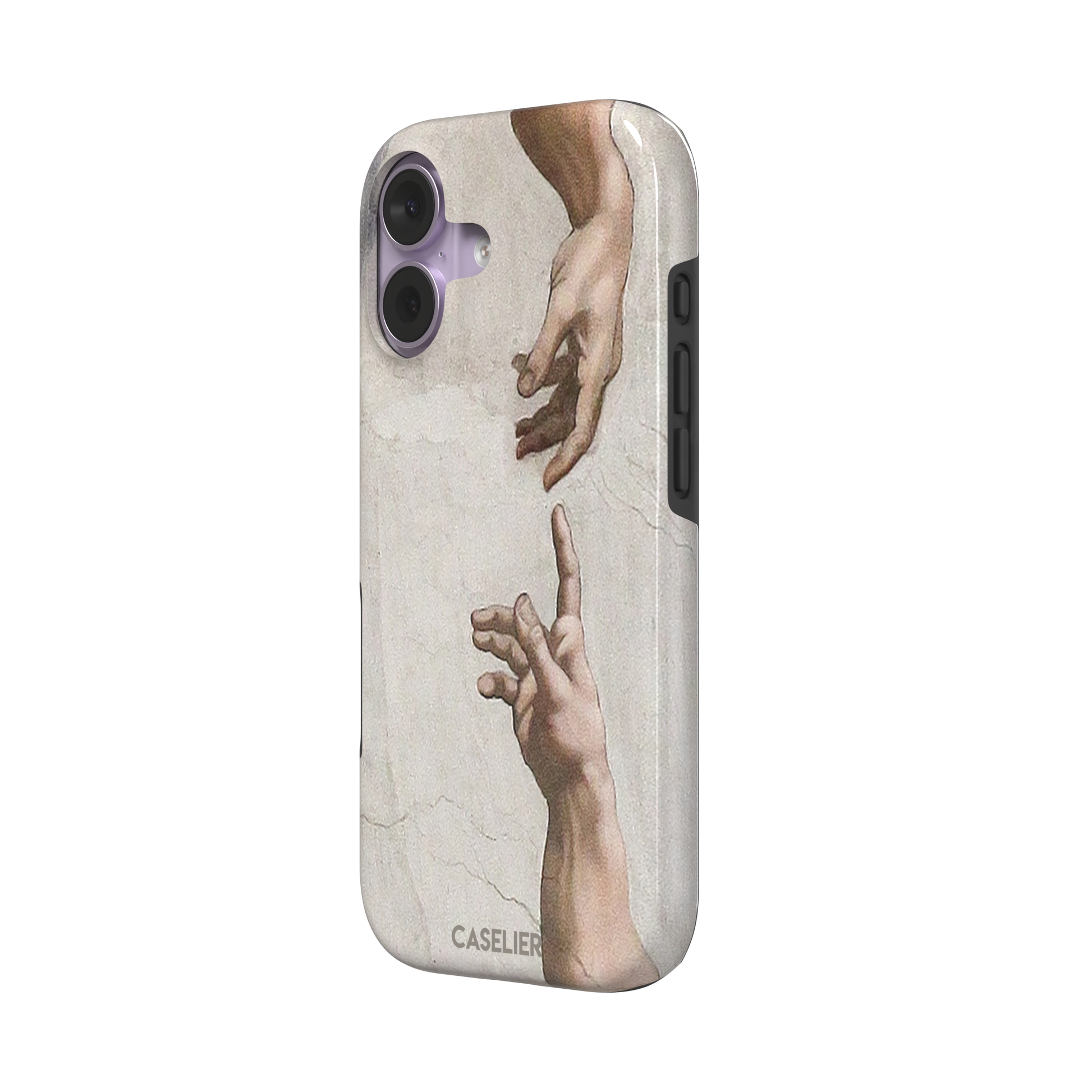 Creation of Adam phone case showing Michelangelo's two reaching hands in warm ivory and skin tones against a cracked fresco background, phone case by Caselier — tough case, right view