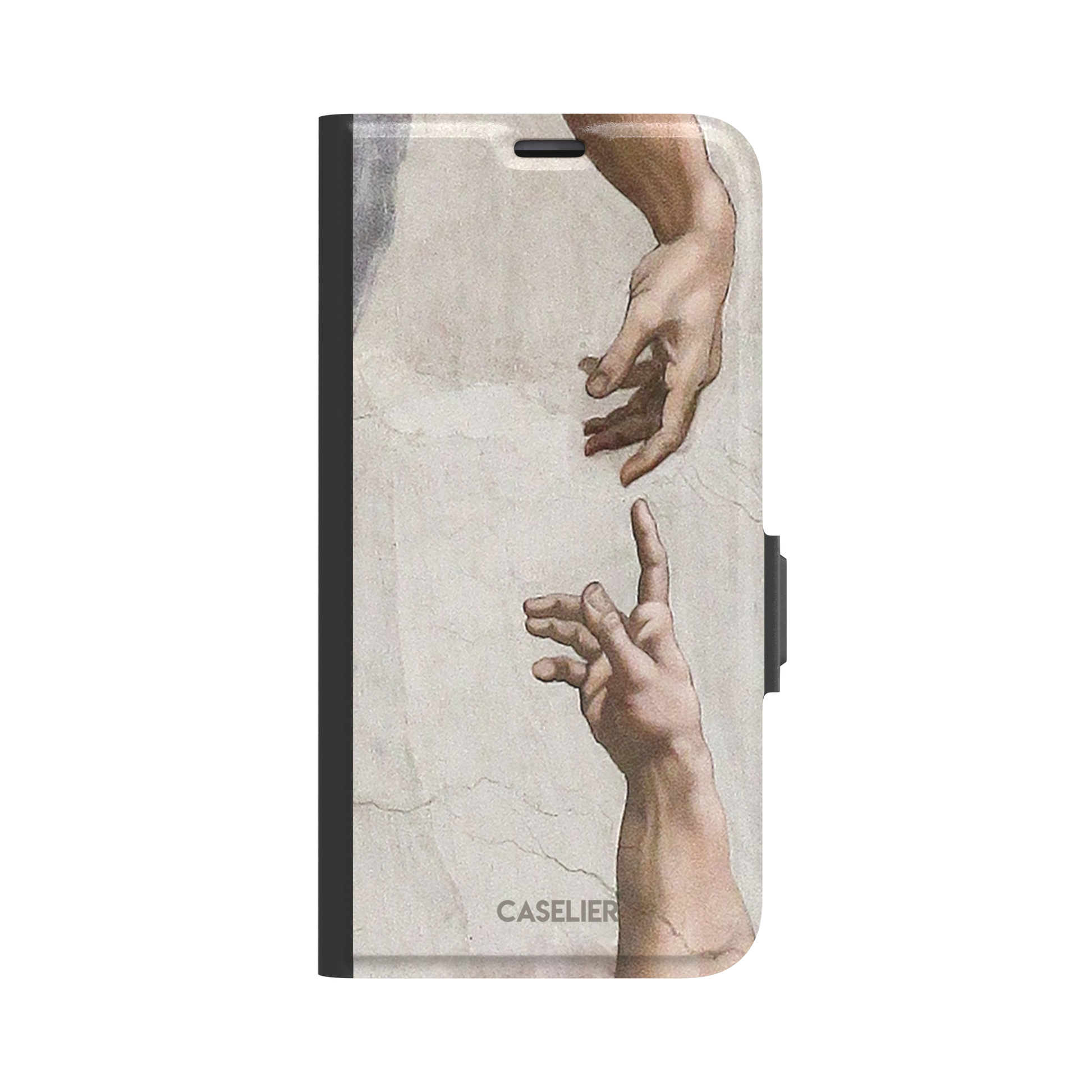 Creation of Adam phone case showing Michelangelo's two reaching hands in warm ivory and skin tones against a cracked fresco background, phone case by Caselier — wallet case, front view