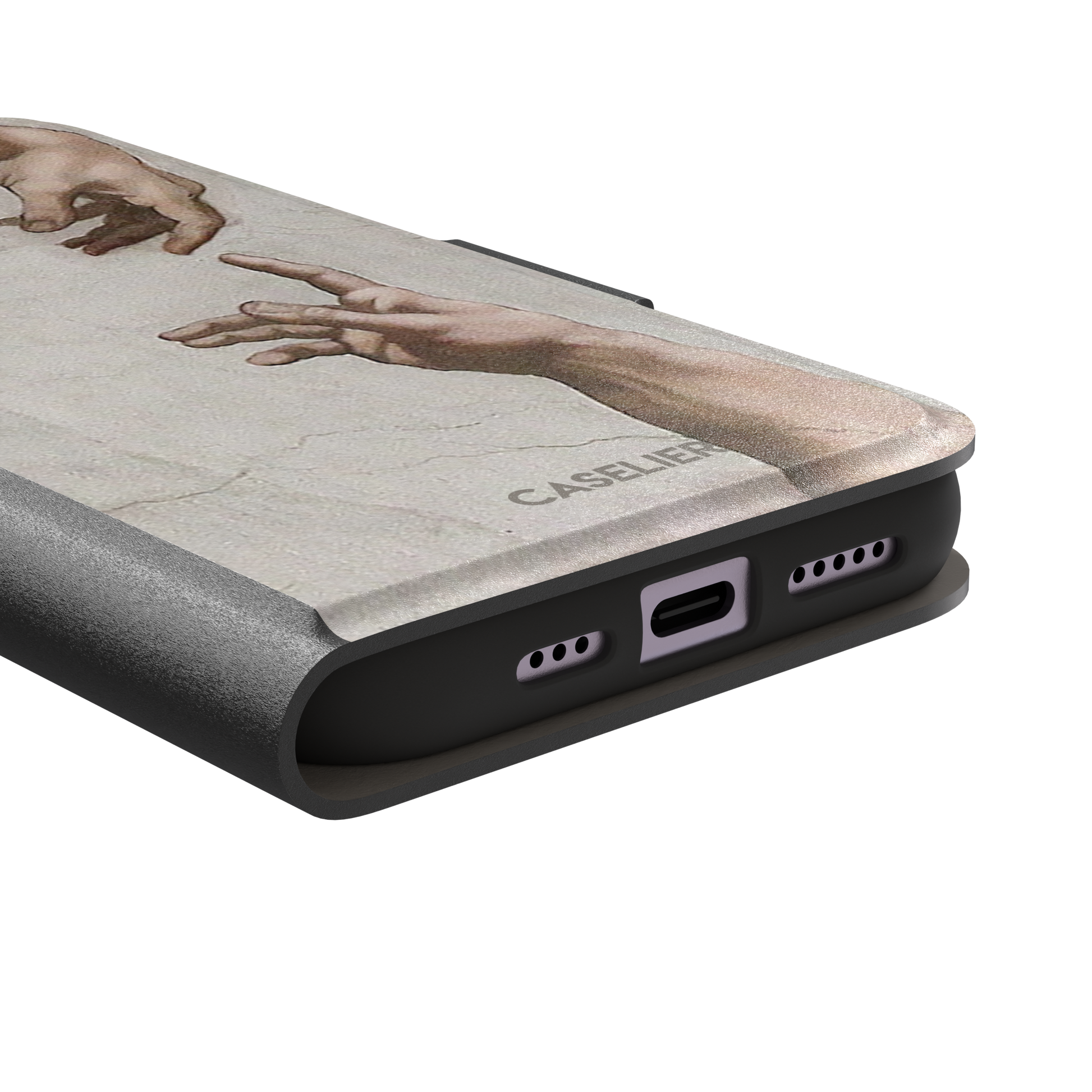 Creation of Adam phone case showing Michelangelo's two reaching hands in warm ivory and skin tones against a cracked fresco background, phone case by Caselier — wallet case, charging port detail