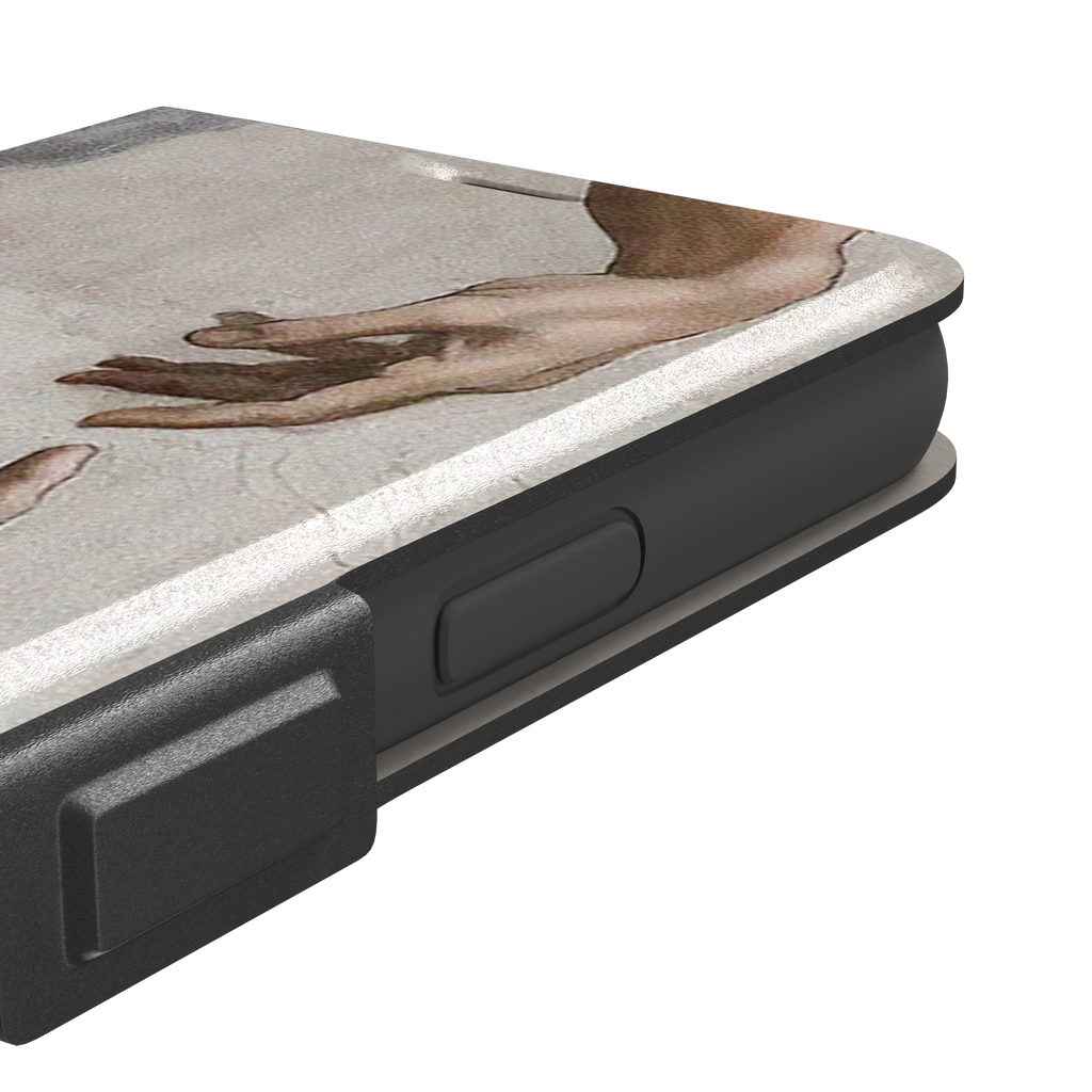 Creation of Adam phone case showing Michelangelo's two reaching hands in warm ivory and skin tones against a cracked fresco background, phone case by Caselier — wallet case, volume buttons detail
