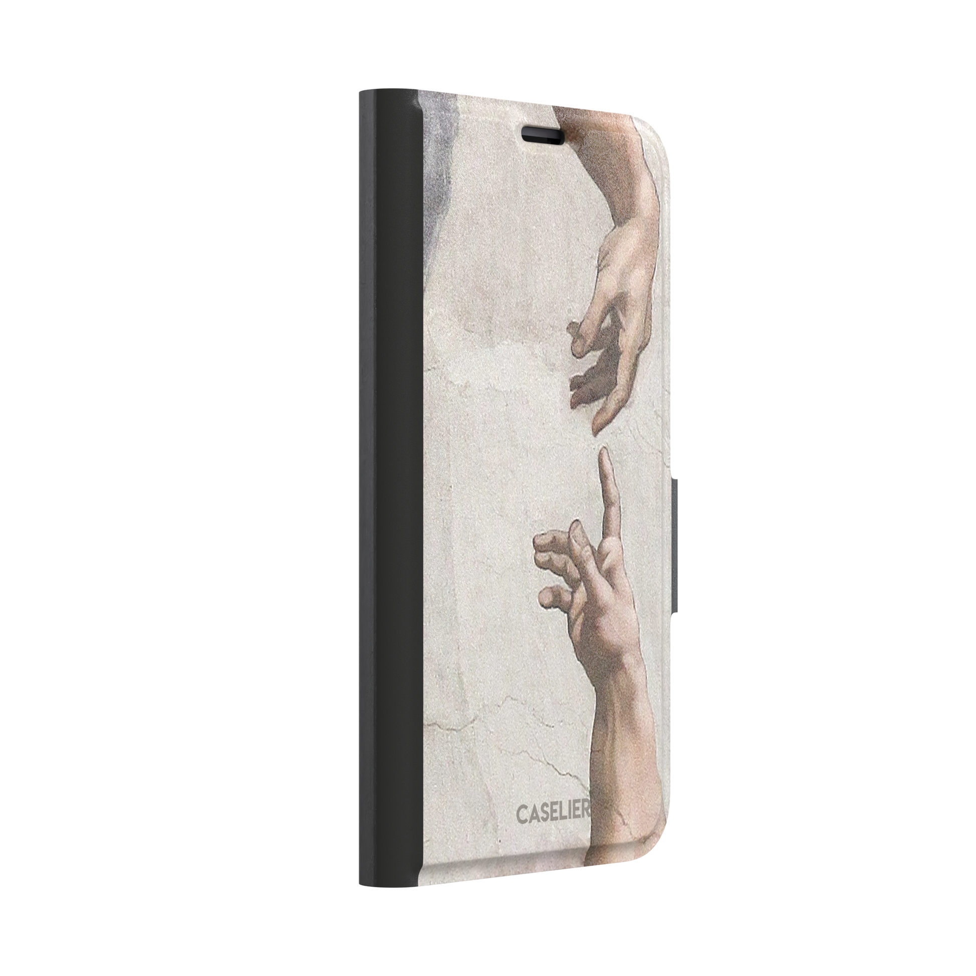 Creation of Adam phone case showing Michelangelo's two reaching hands in warm ivory and skin tones against a cracked fresco background, phone case by Caselier — wallet case, left view