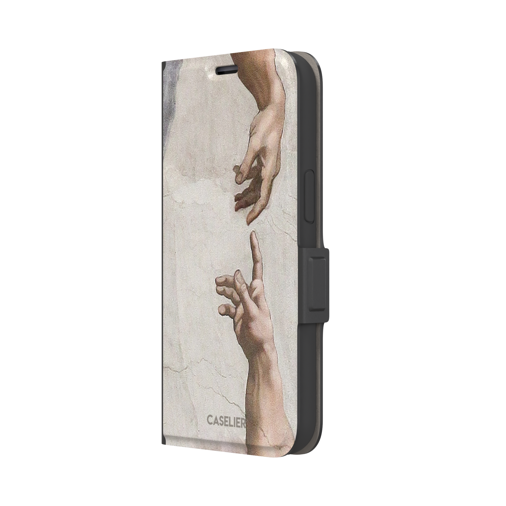 Creation of Adam phone case showing Michelangelo's two reaching hands in warm ivory and skin tones against a cracked fresco background, phone case by Caselier — wallet case, right view