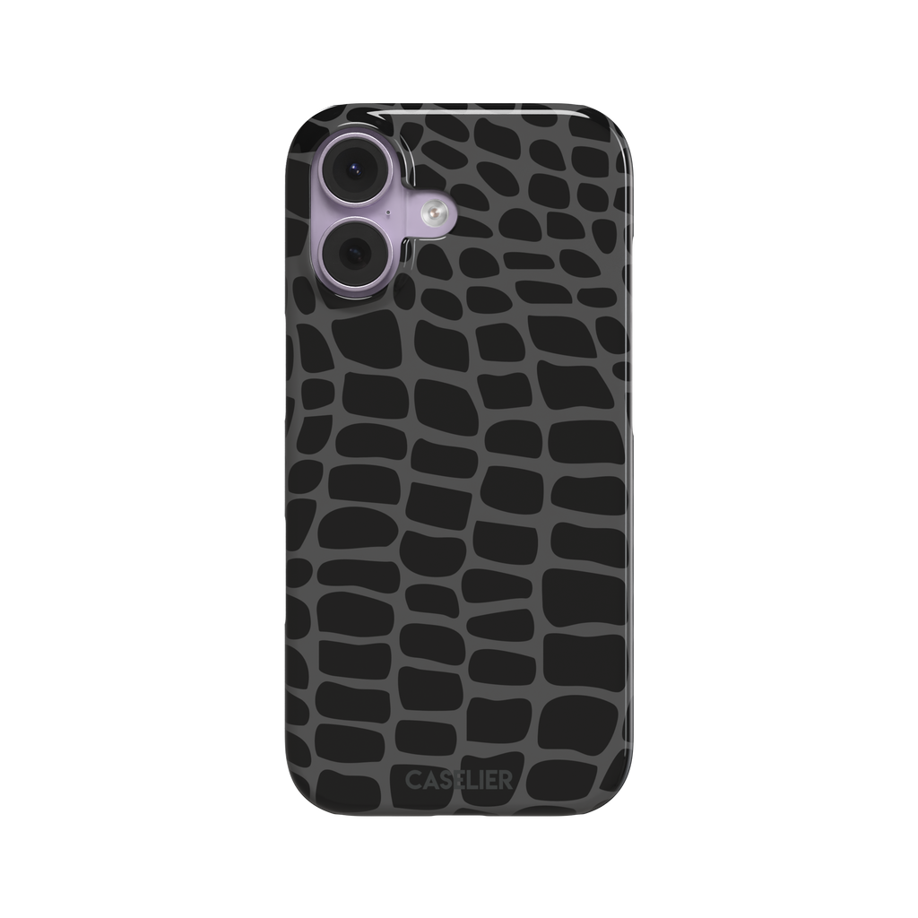 Crocodile phone case in black and dark grey croc-scale pattern, phone case by Caselier — snap case, front view