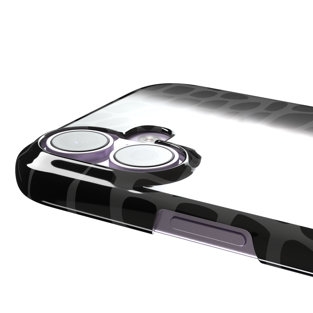 Crocodile phone case in black and dark grey croc-scale pattern, phone case by Caselier — snap case, volume buttons detail