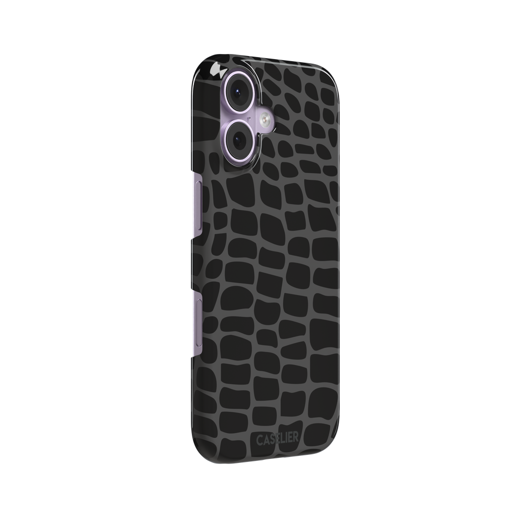 Crocodile phone case in black and dark grey croc-scale pattern, phone case by Caselier — snap case, left view