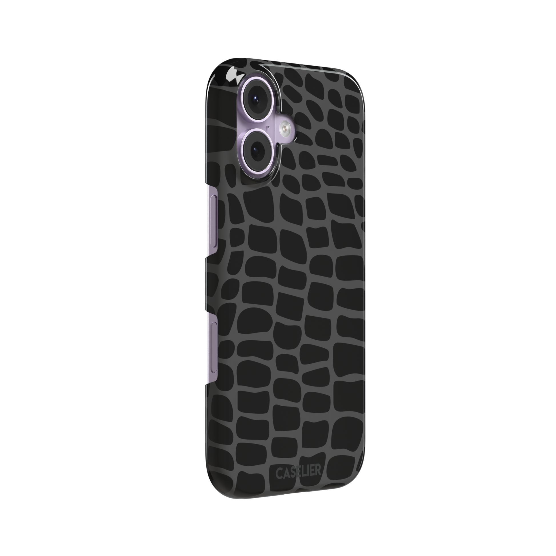 Crocodile phone case in black and dark grey croc-scale pattern, phone case by Caselier — snap case, left view