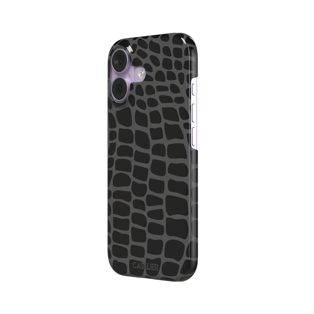 Crocodile phone case in black and dark grey croc-scale pattern, phone case by Caselier — snap case, right view