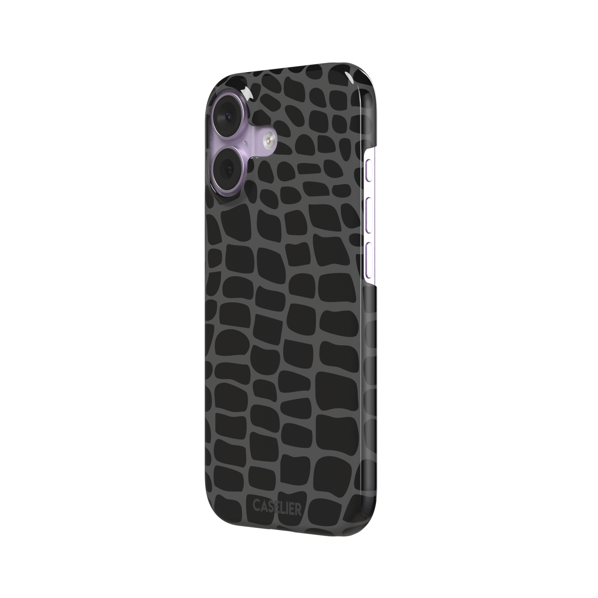 Crocodile phone case in black and dark grey croc-scale pattern, phone case by Caselier — snap case, right view