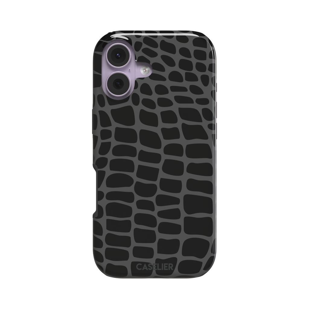 Crocodile phone case in black and dark grey croc-scale pattern, phone case by Caselier — tough case, front view