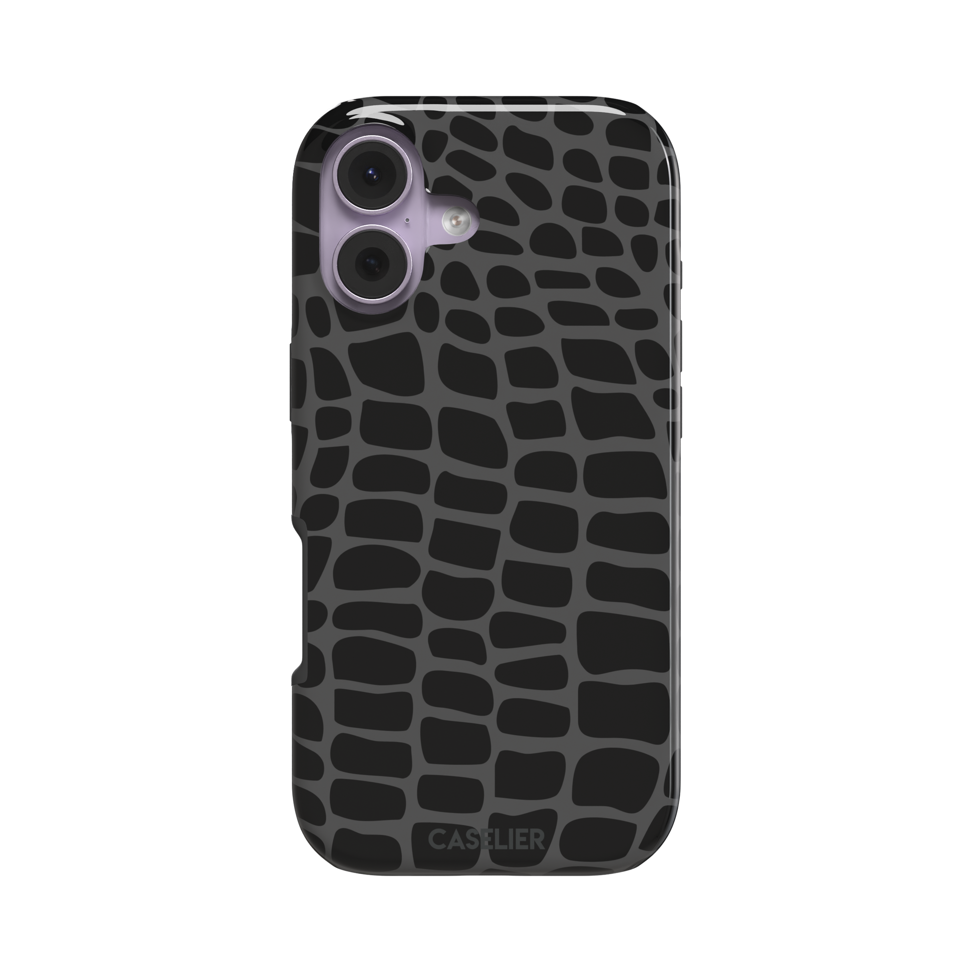 Crocodile phone case in black and dark grey croc-scale pattern, phone case by Caselier — tough case, front view