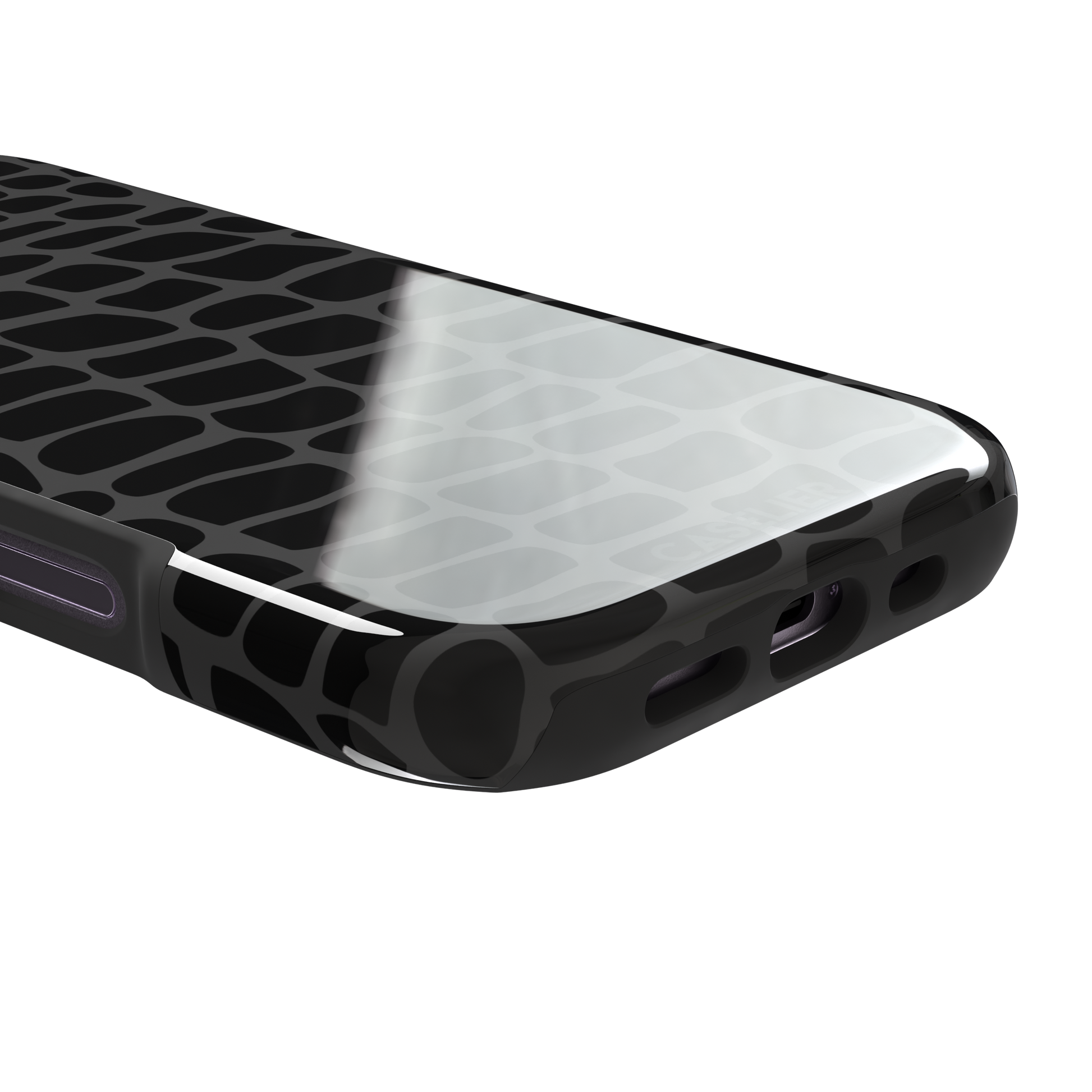 Crocodile phone case in black and dark grey croc-scale pattern, phone case by Caselier — tough case, charging port detail
