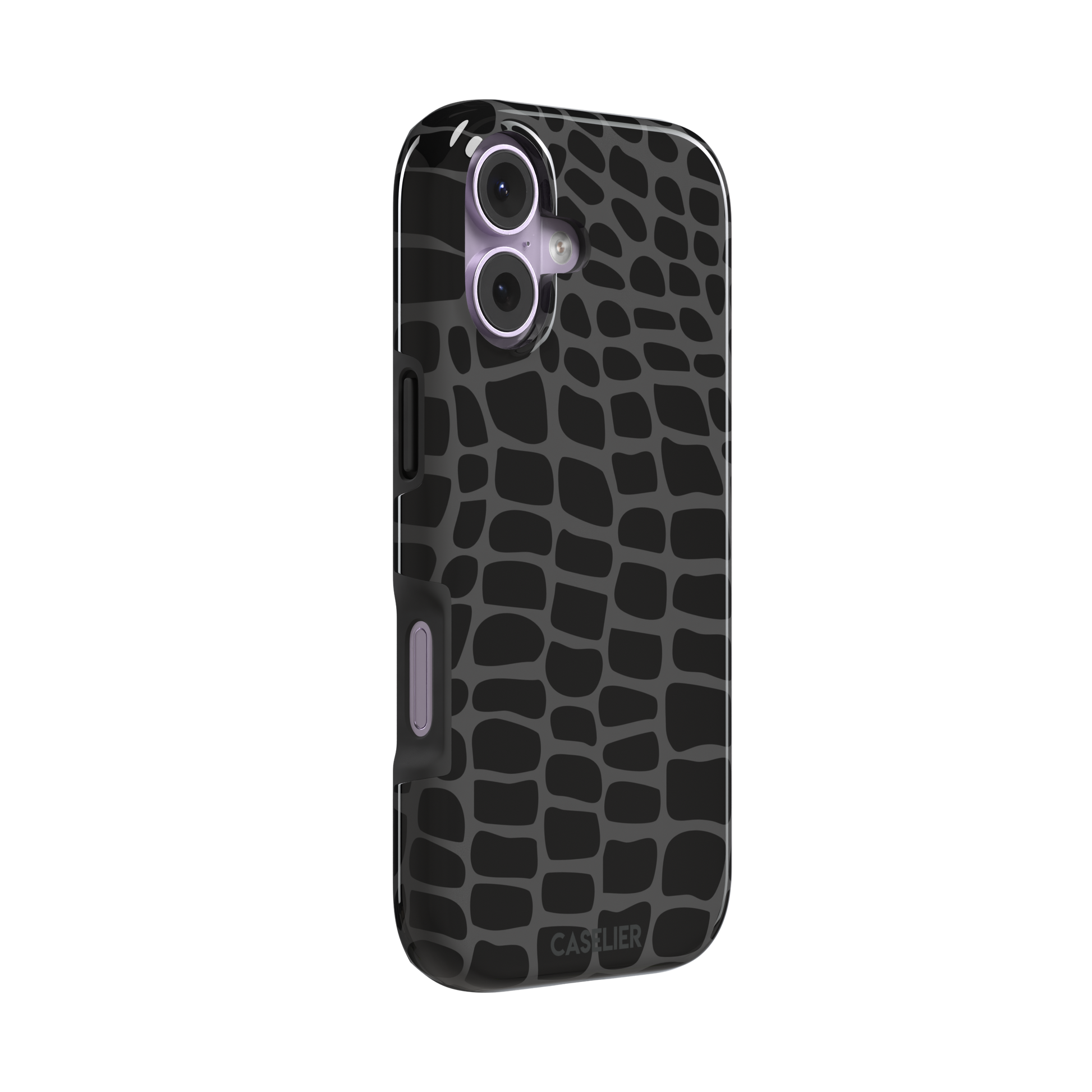 Crocodile phone case in black and dark grey croc-scale pattern, phone case by Caselier — tough case, left view