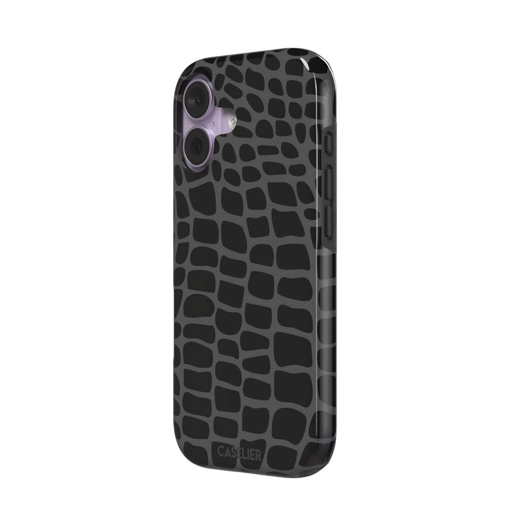Crocodile phone case in black and dark grey croc-scale pattern, phone case by Caselier — tough case, right view