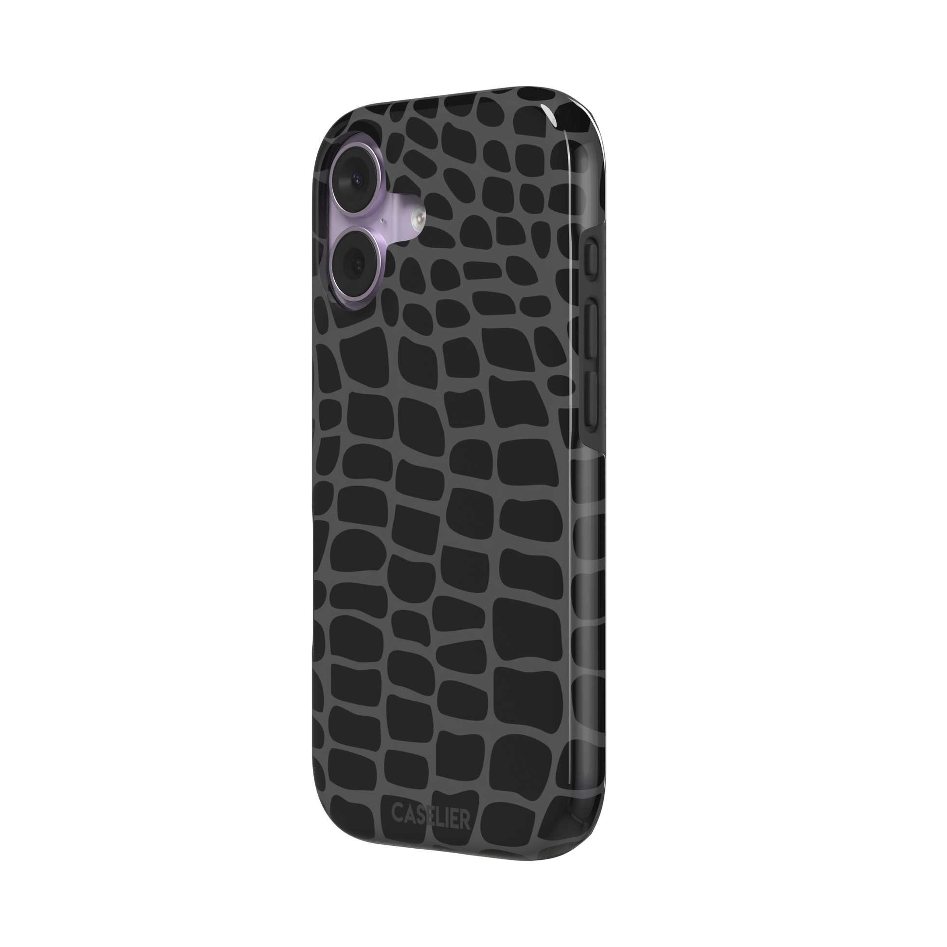 Crocodile phone case in black and dark grey croc-scale pattern, phone case by Caselier — tough case, right view