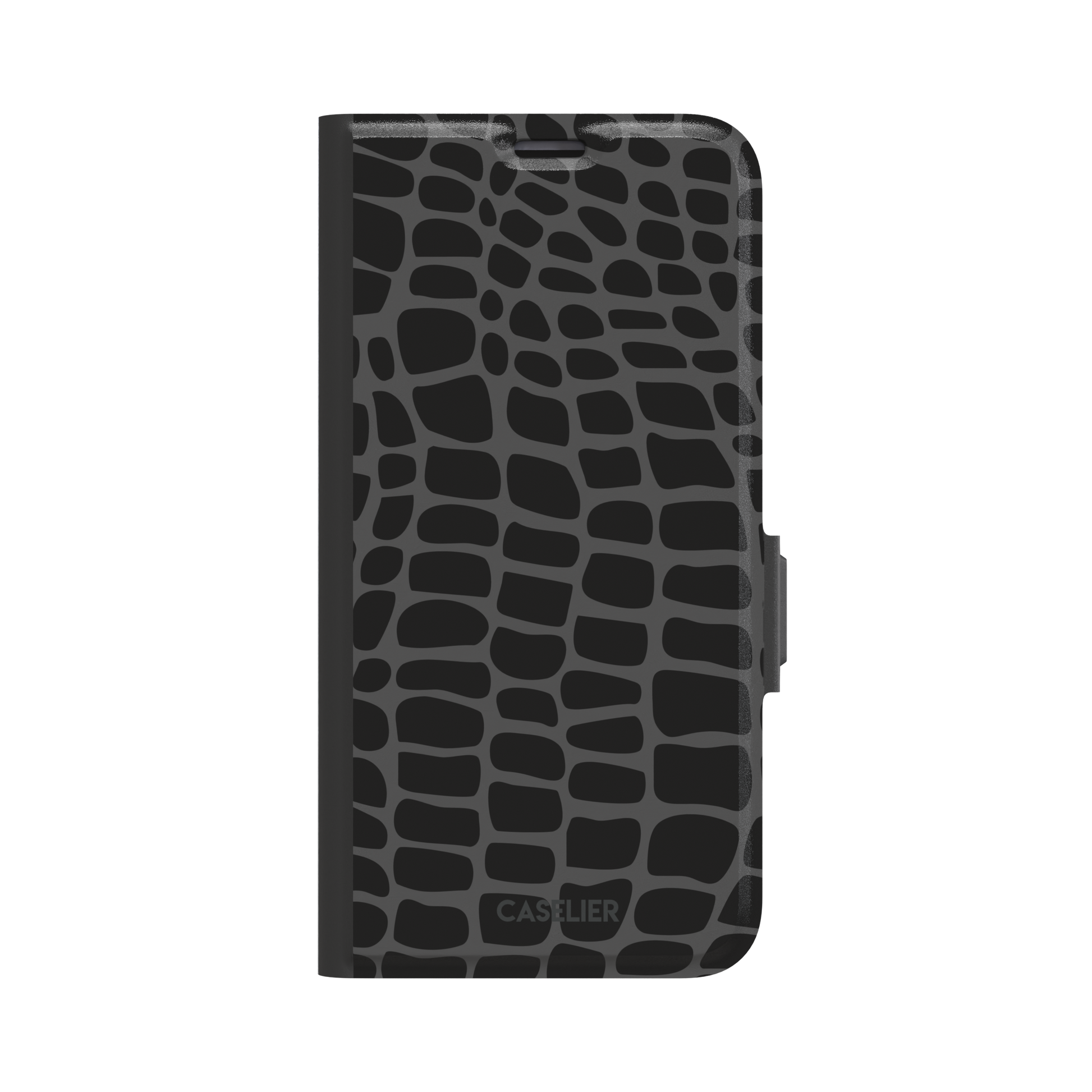 Crocodile phone case in black and dark grey croc-scale pattern, phone case by Caselier — wallet case, front view