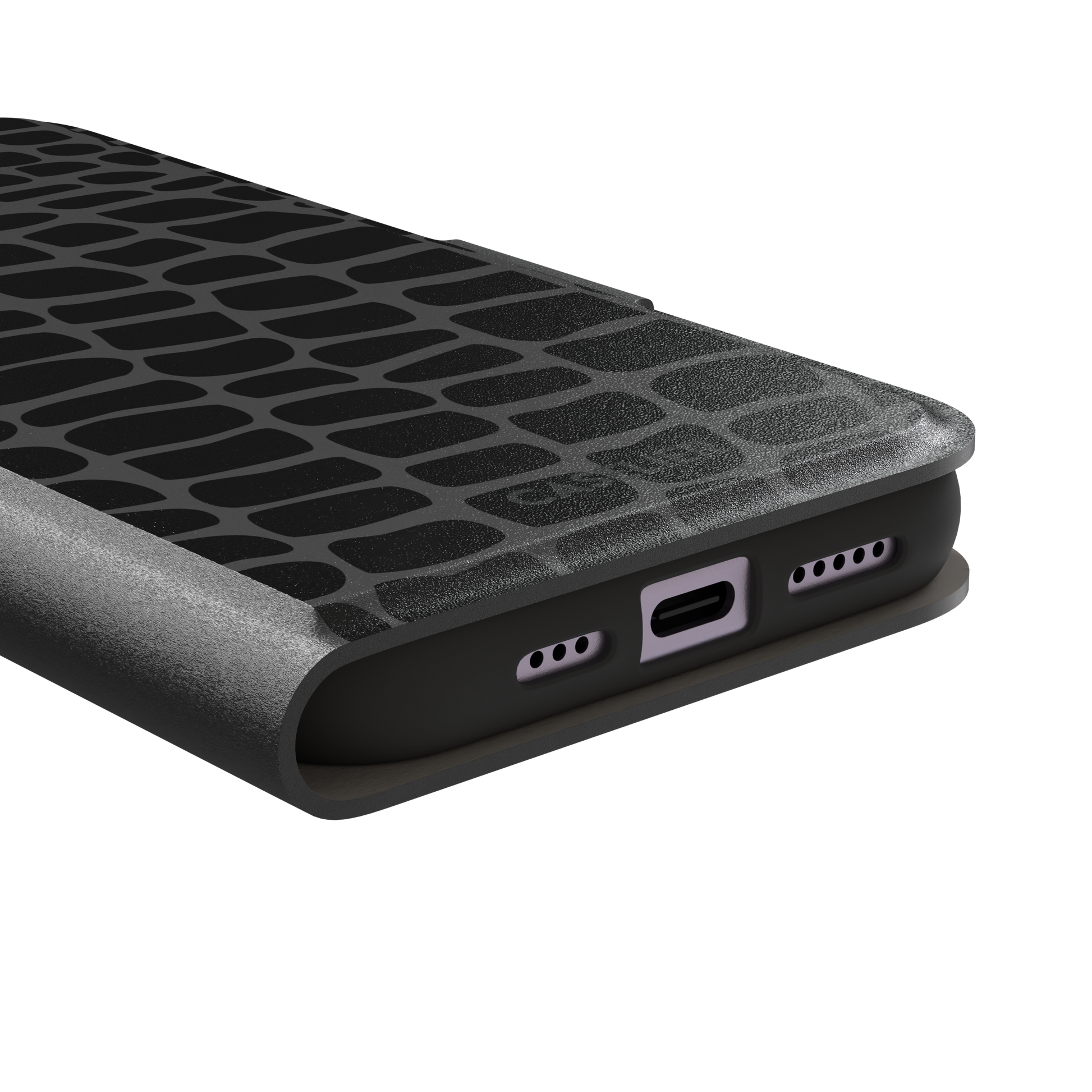 Crocodile phone case in black and dark grey croc-scale pattern, phone case by Caselier — wallet case, charging port detail