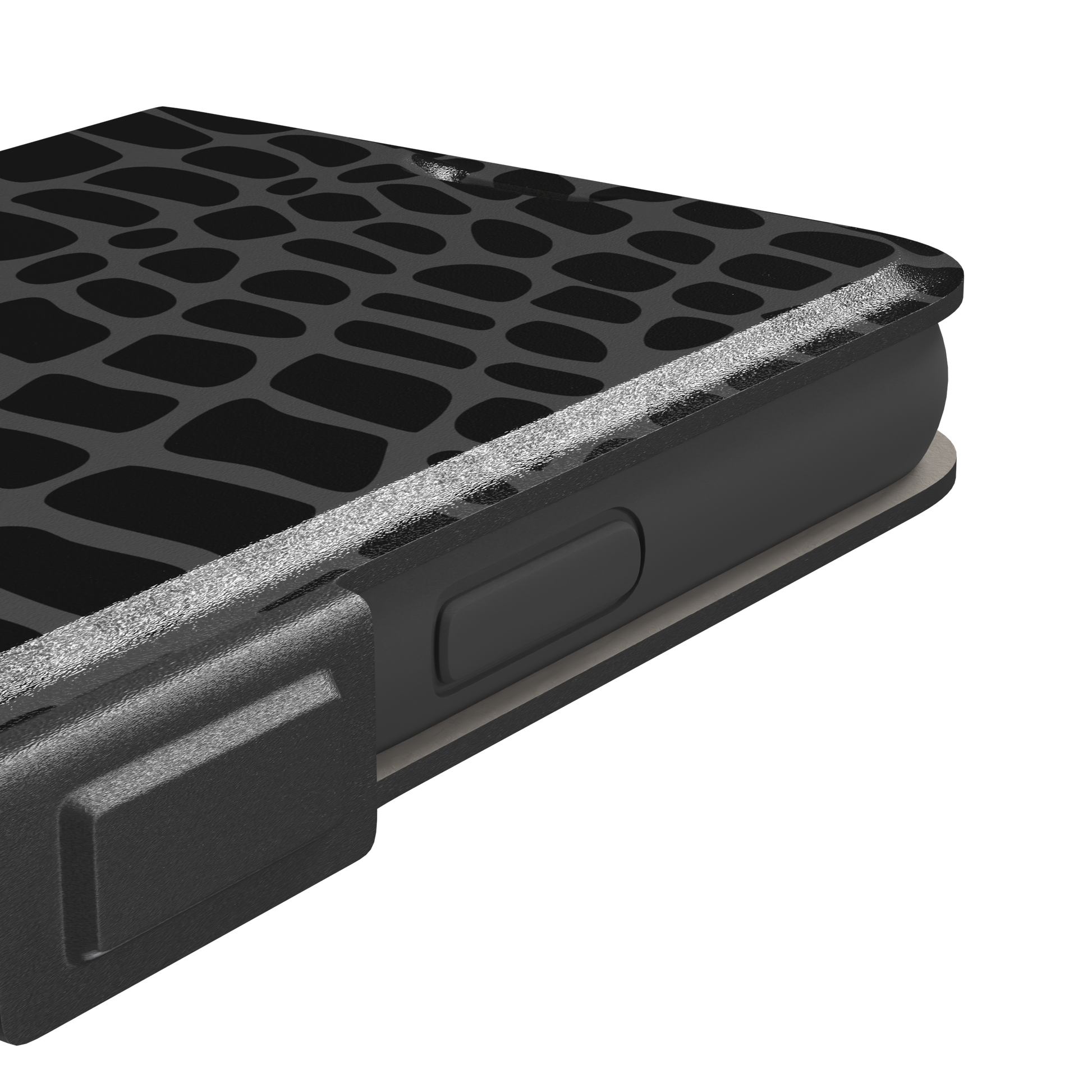 Crocodile phone case in black and dark grey croc-scale pattern, phone case by Caselier — wallet case, volume buttons detail