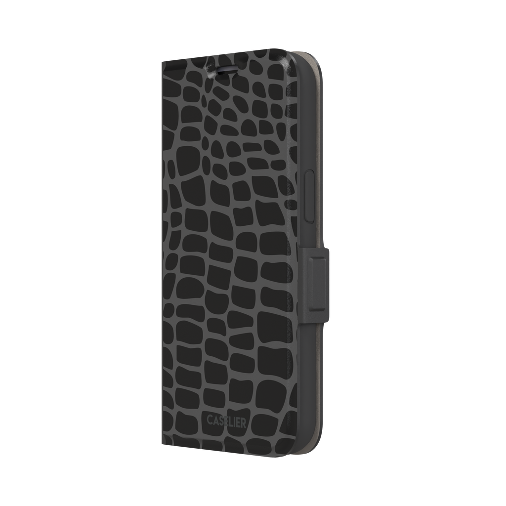 Crocodile phone case in black and dark grey croc-scale pattern, phone case by Caselier — wallet case, right view