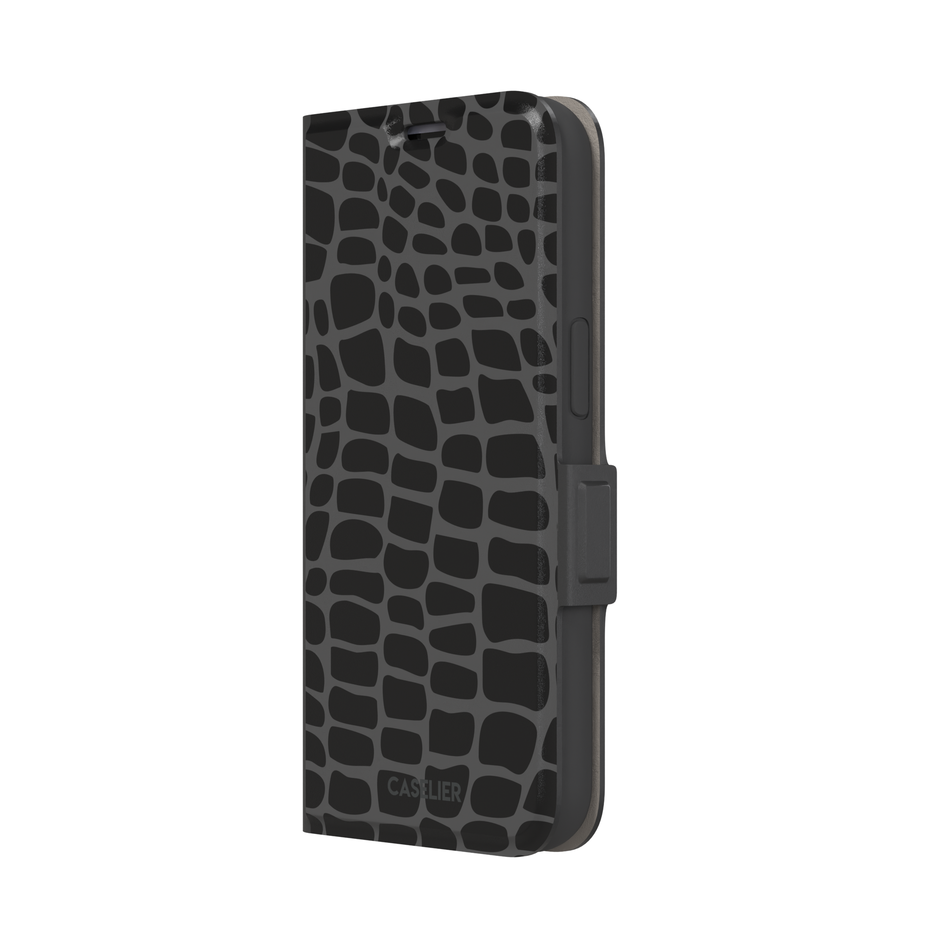 Crocodile phone case in black and dark grey croc-scale pattern, phone case by Caselier — wallet case, right view