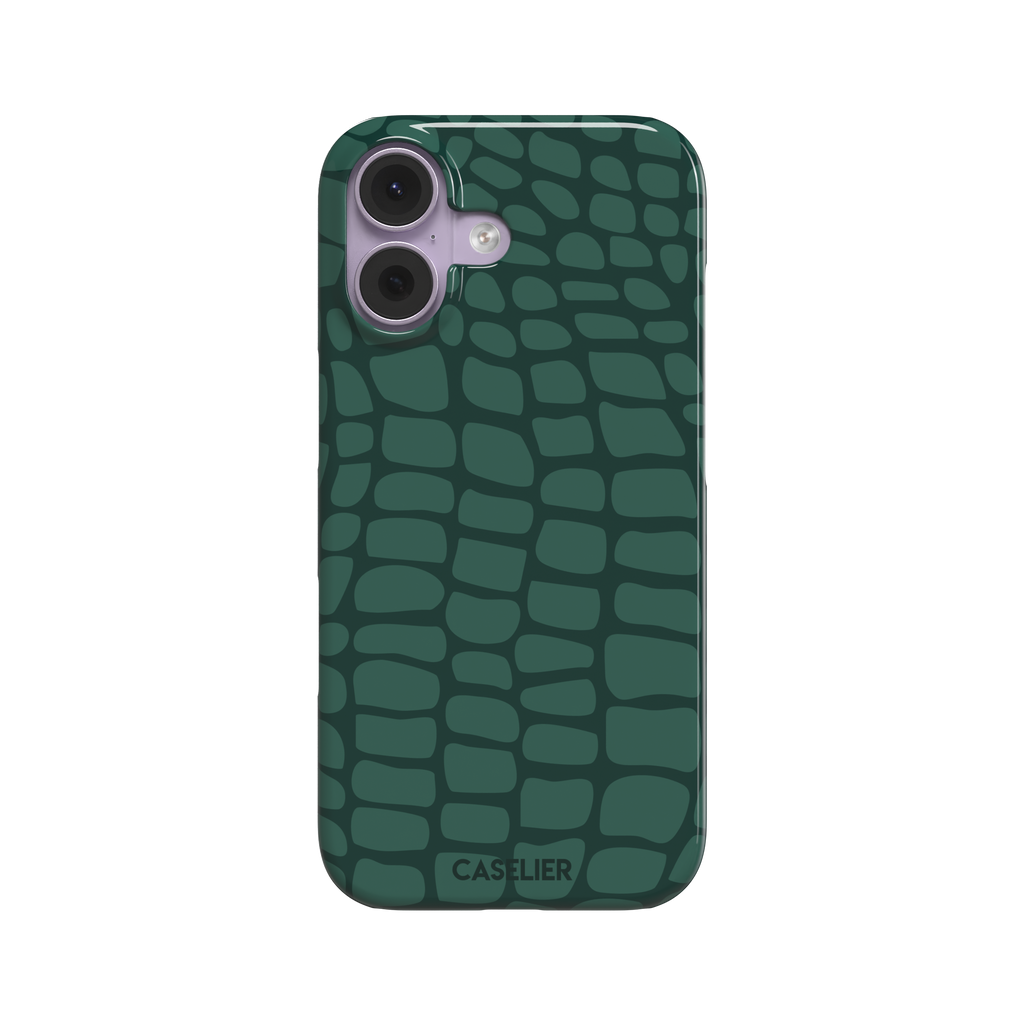 Crocodile phone case in forest green tonal croc-scale pattern, phone case by Caselier — snap case, front view
