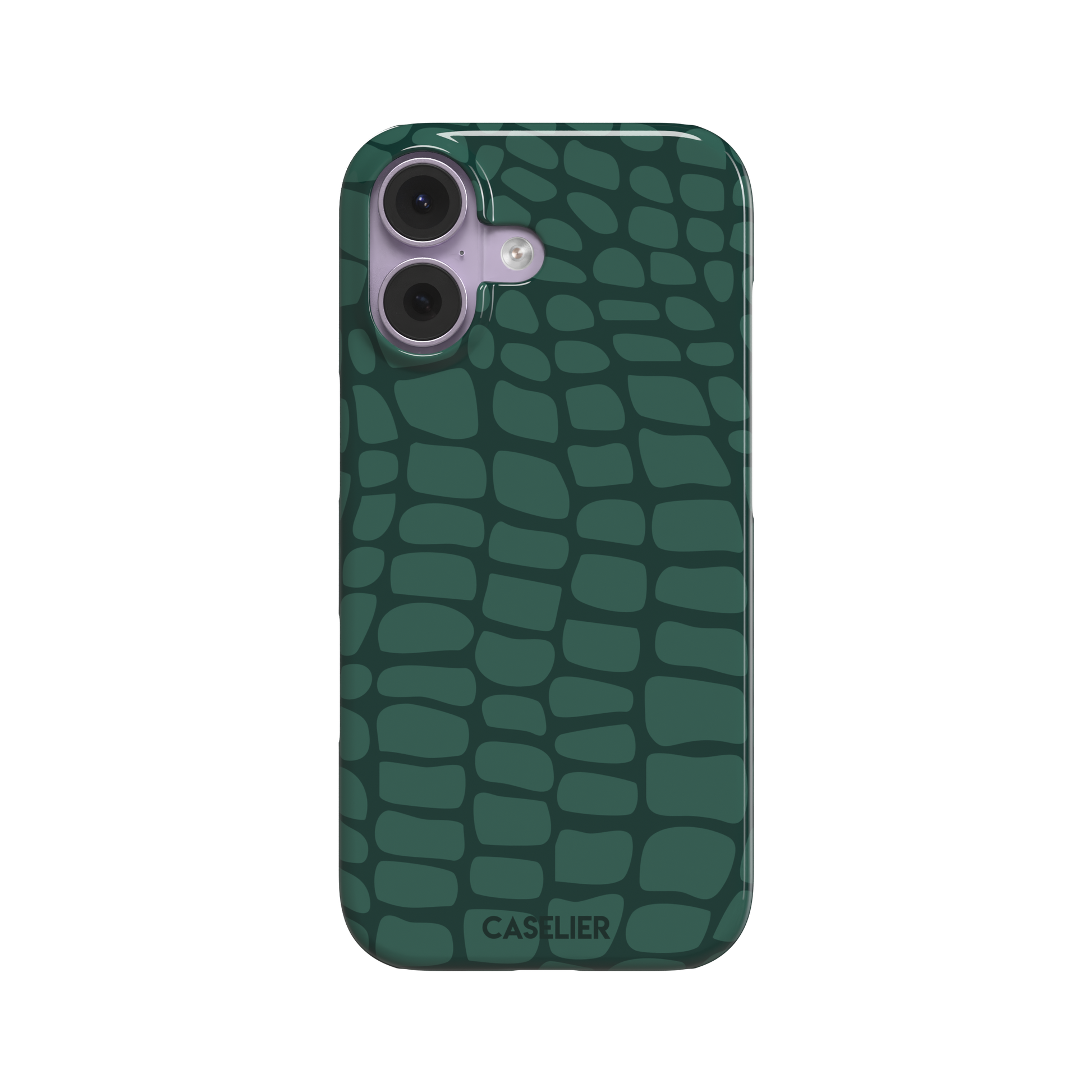 Crocodile phone case in forest green tonal croc-scale pattern, phone case by Caselier — snap case, front view