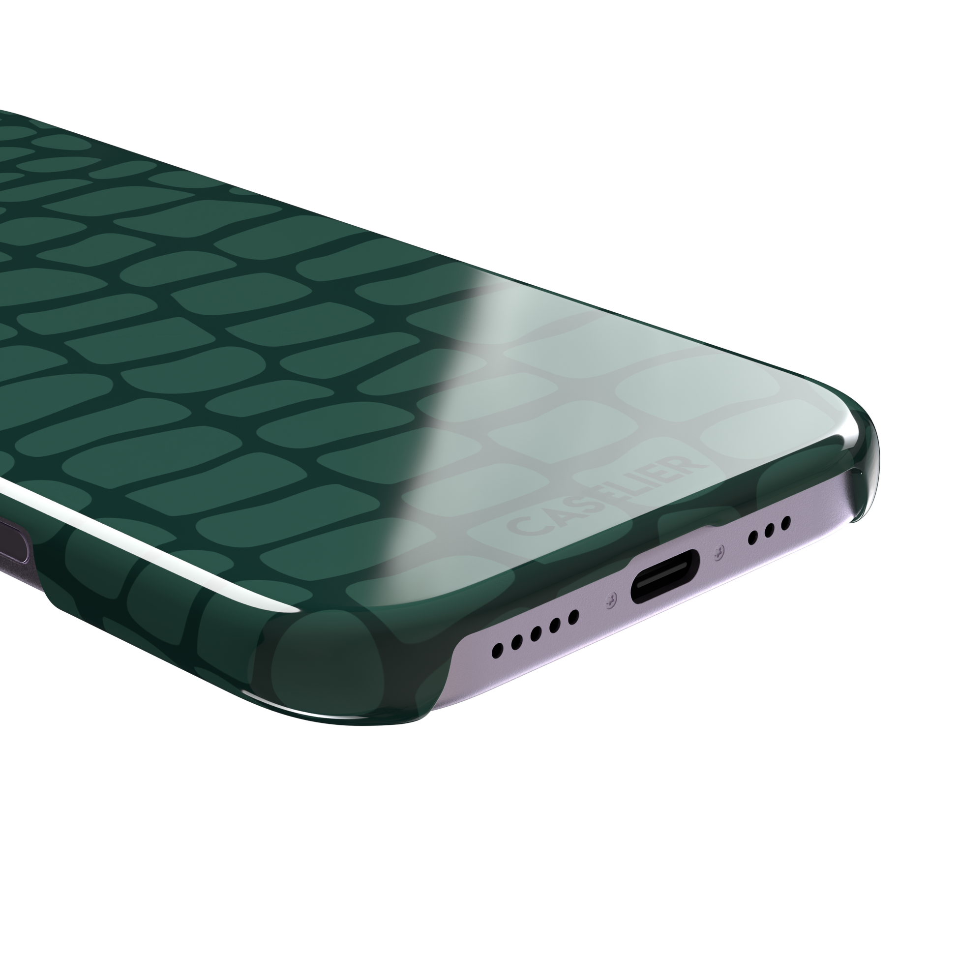 Crocodile phone case in forest green tonal croc-scale pattern, phone case by Caselier — snap case, charging port detail