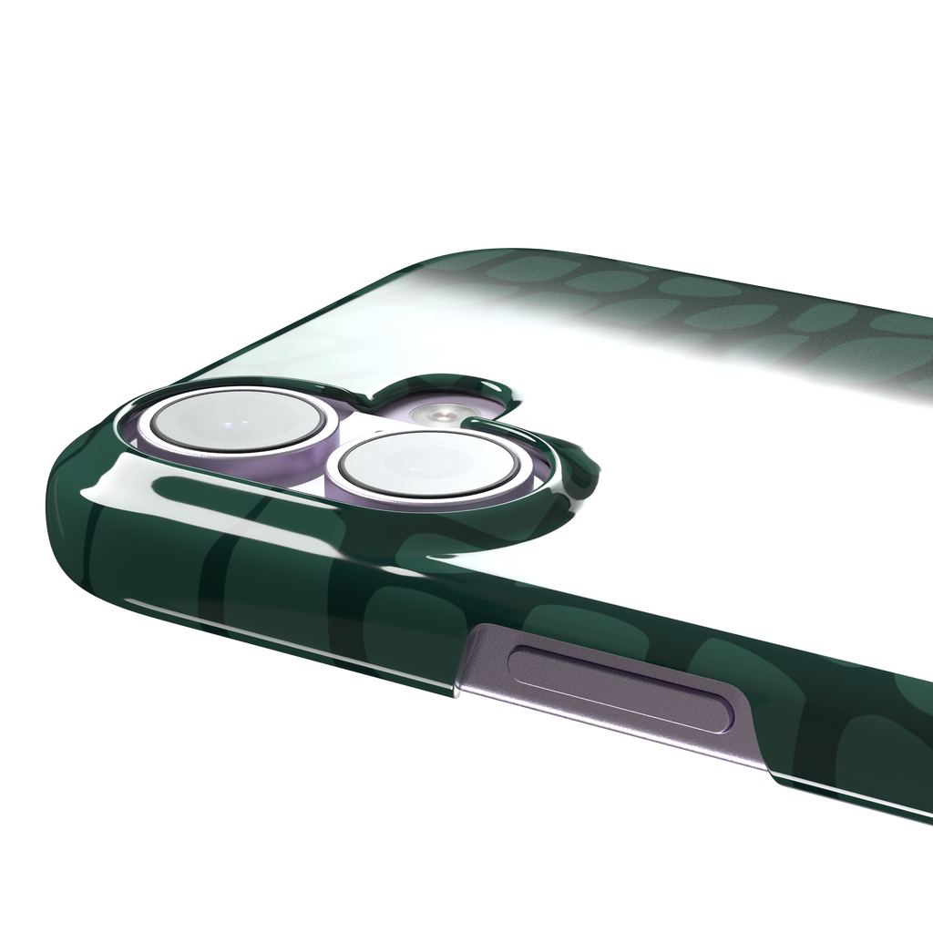 Crocodile phone case in forest green tonal croc-scale pattern, phone case by Caselier — snap case, volume buttons detail