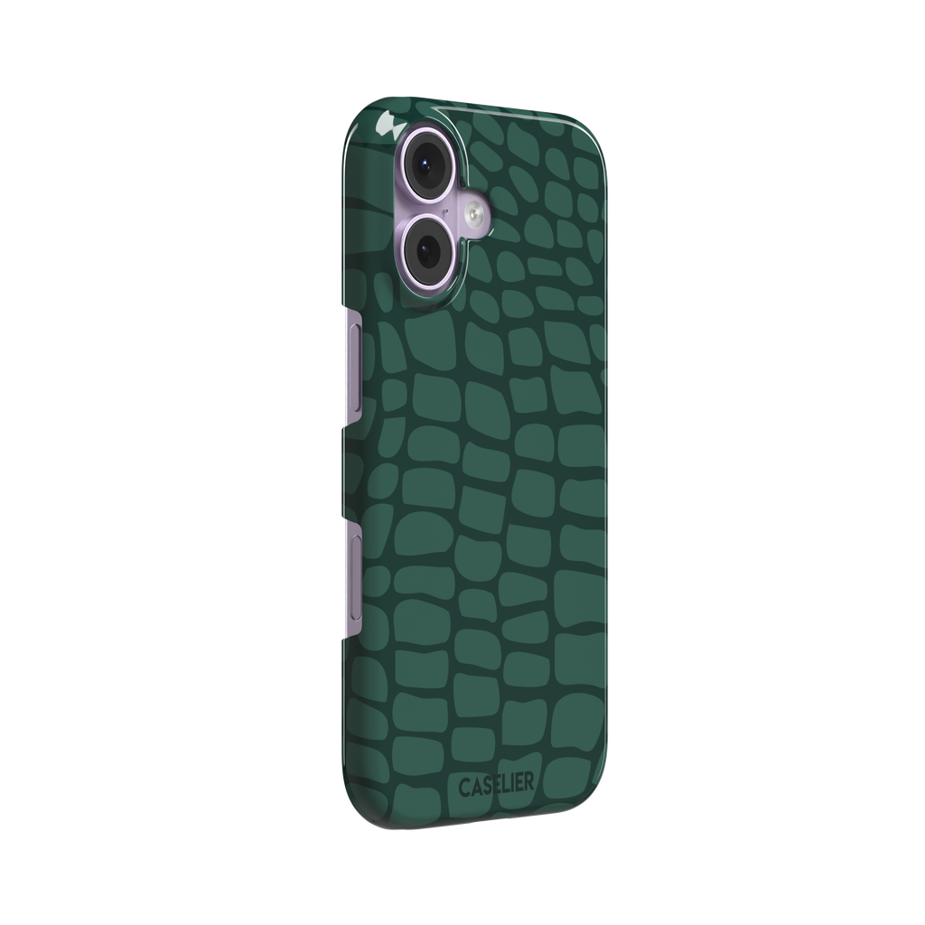 Crocodile phone case in forest green tonal croc-scale pattern, phone case by Caselier — snap case, left view