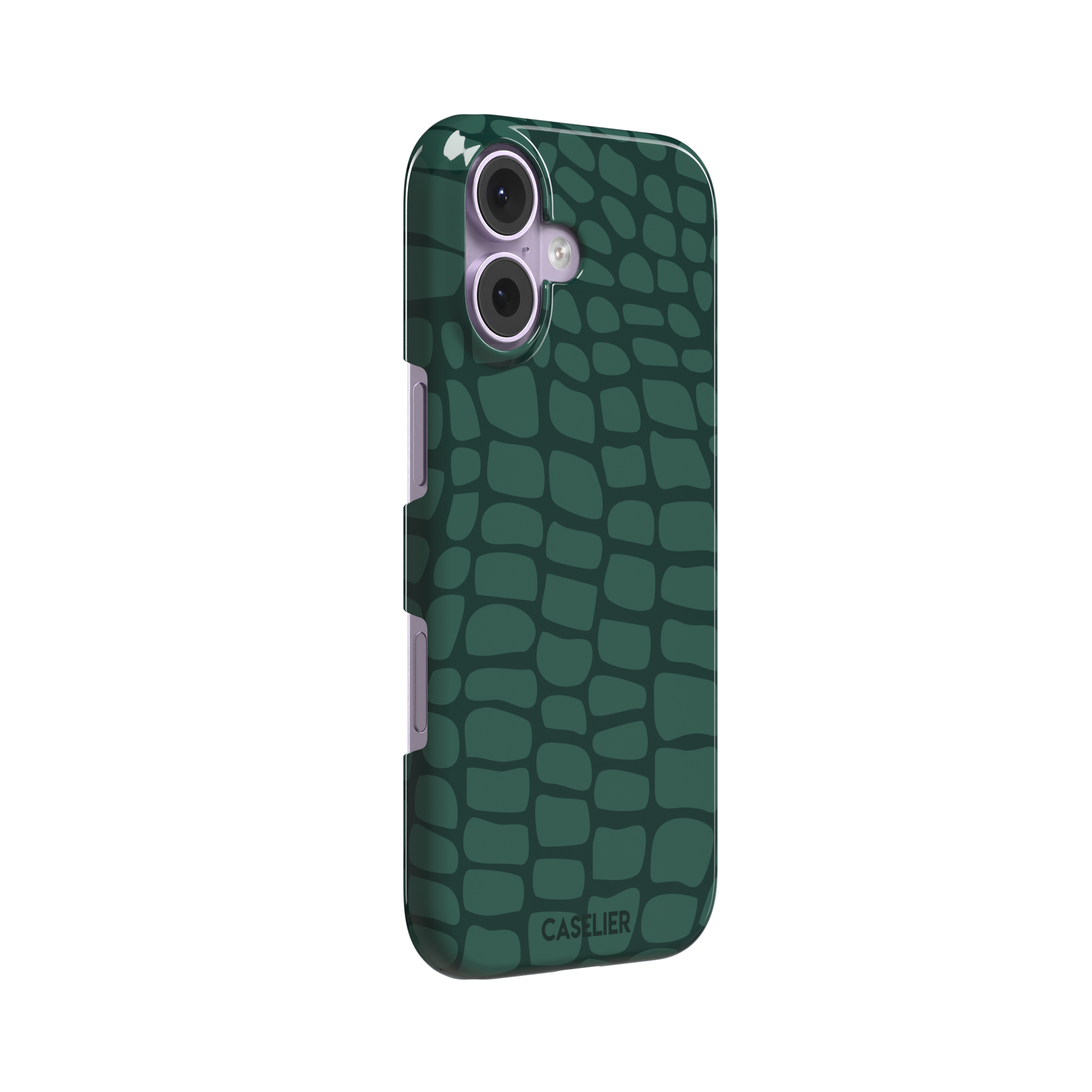 Crocodile phone case in forest green tonal croc-scale pattern, phone case by Caselier — snap case, left view