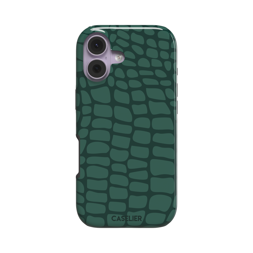 Crocodile phone case in forest green tonal croc-scale pattern, phone case by Caselier — tough case, front view