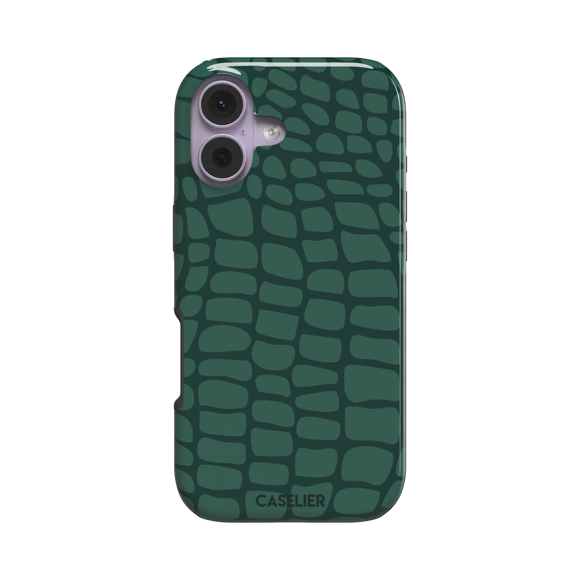 Crocodile phone case in forest green tonal croc-scale pattern, phone case by Caselier — tough case, front view