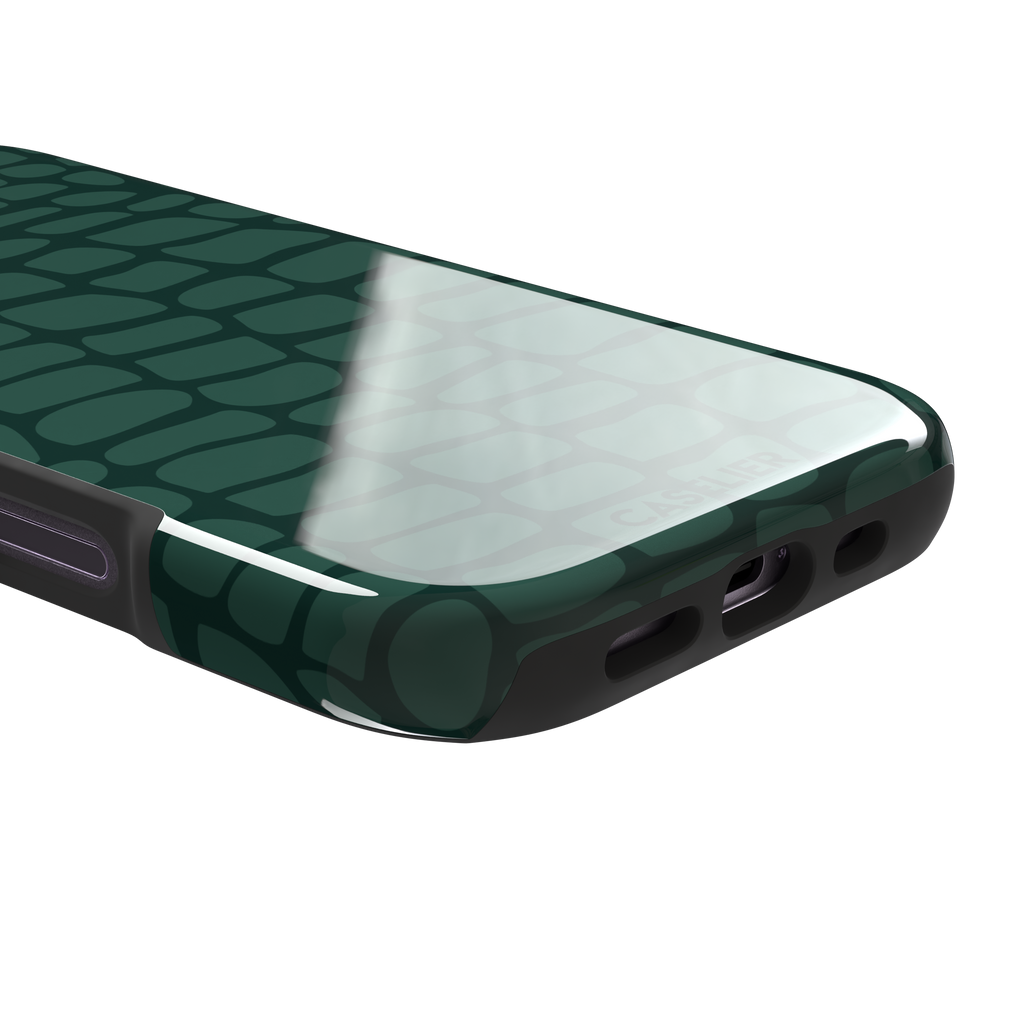 Crocodile phone case in forest green tonal croc-scale pattern, phone case by Caselier — tough case, charging port detail
