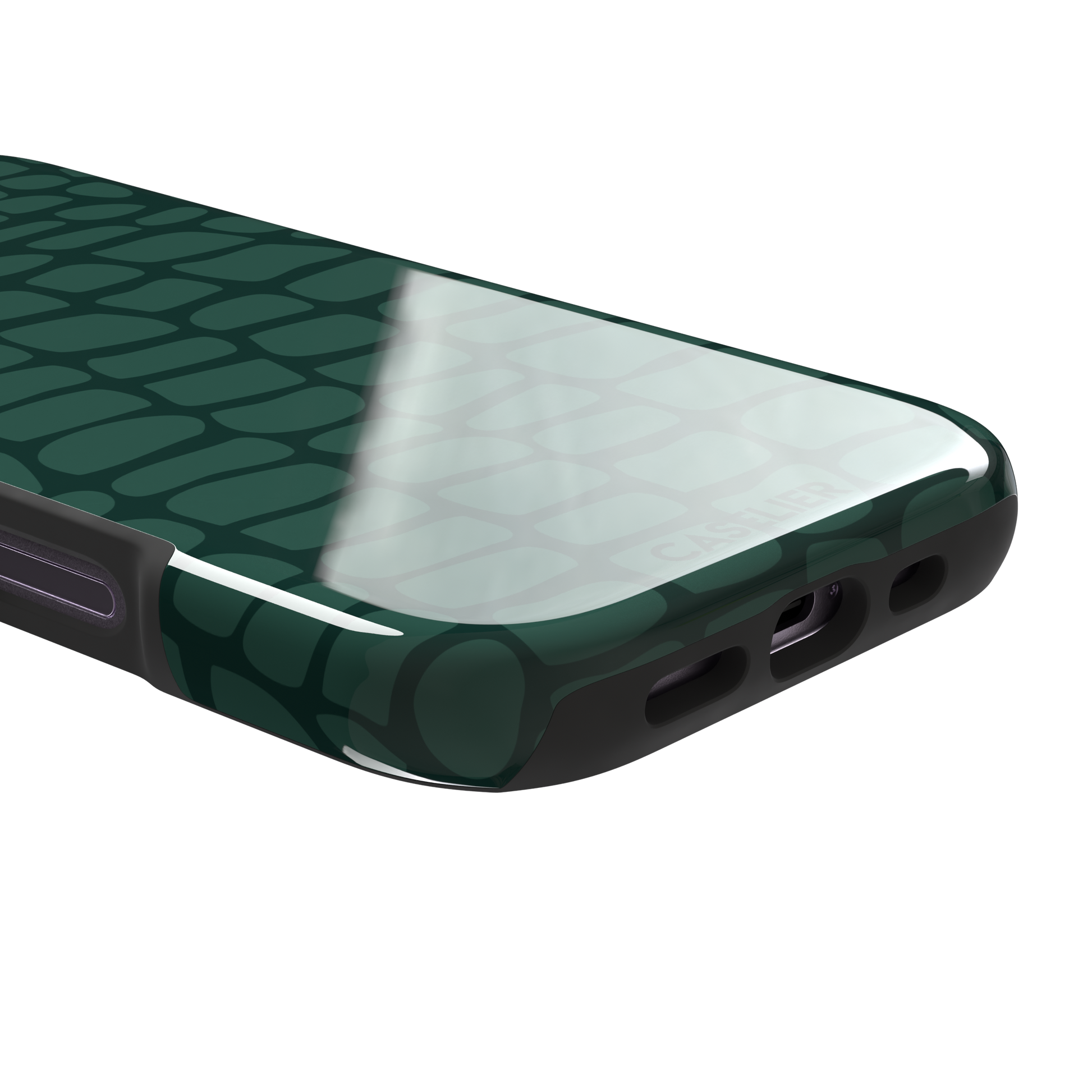Crocodile phone case in forest green tonal croc-scale pattern, phone case by Caselier — tough case, charging port detail