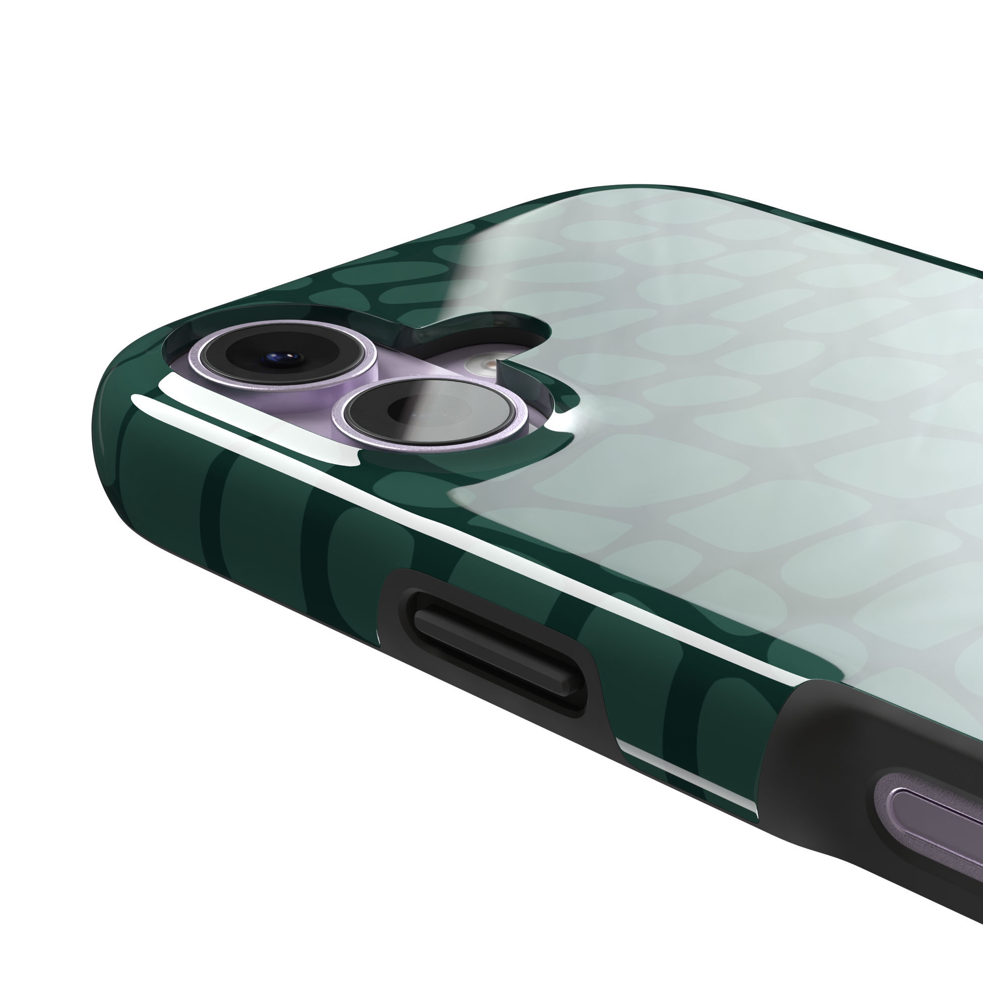 Crocodile phone case in forest green tonal croc-scale pattern, phone case by Caselier — tough case, volume buttons detail