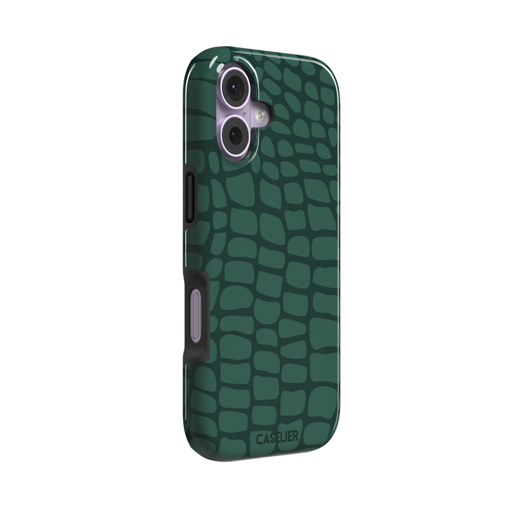 Crocodile phone case in forest green tonal croc-scale pattern, phone case by Caselier — tough case, left view