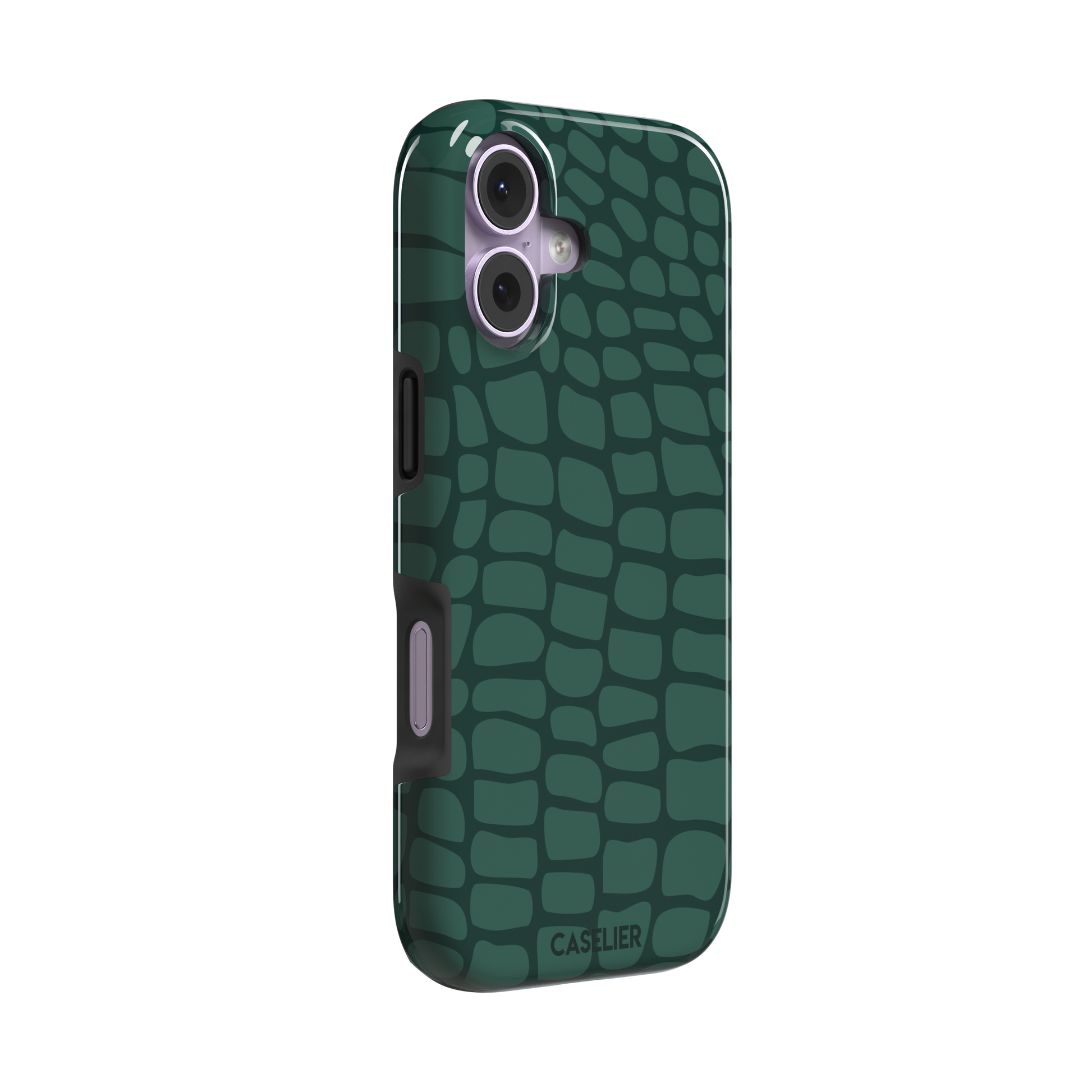 Crocodile phone case in forest green tonal croc-scale pattern, phone case by Caselier — tough case, left view