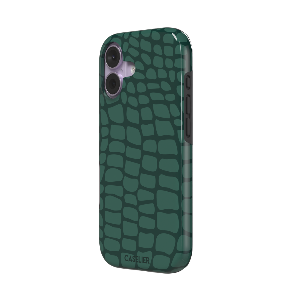 Crocodile phone case in forest green tonal croc-scale pattern, phone case by Caselier — tough case, right view