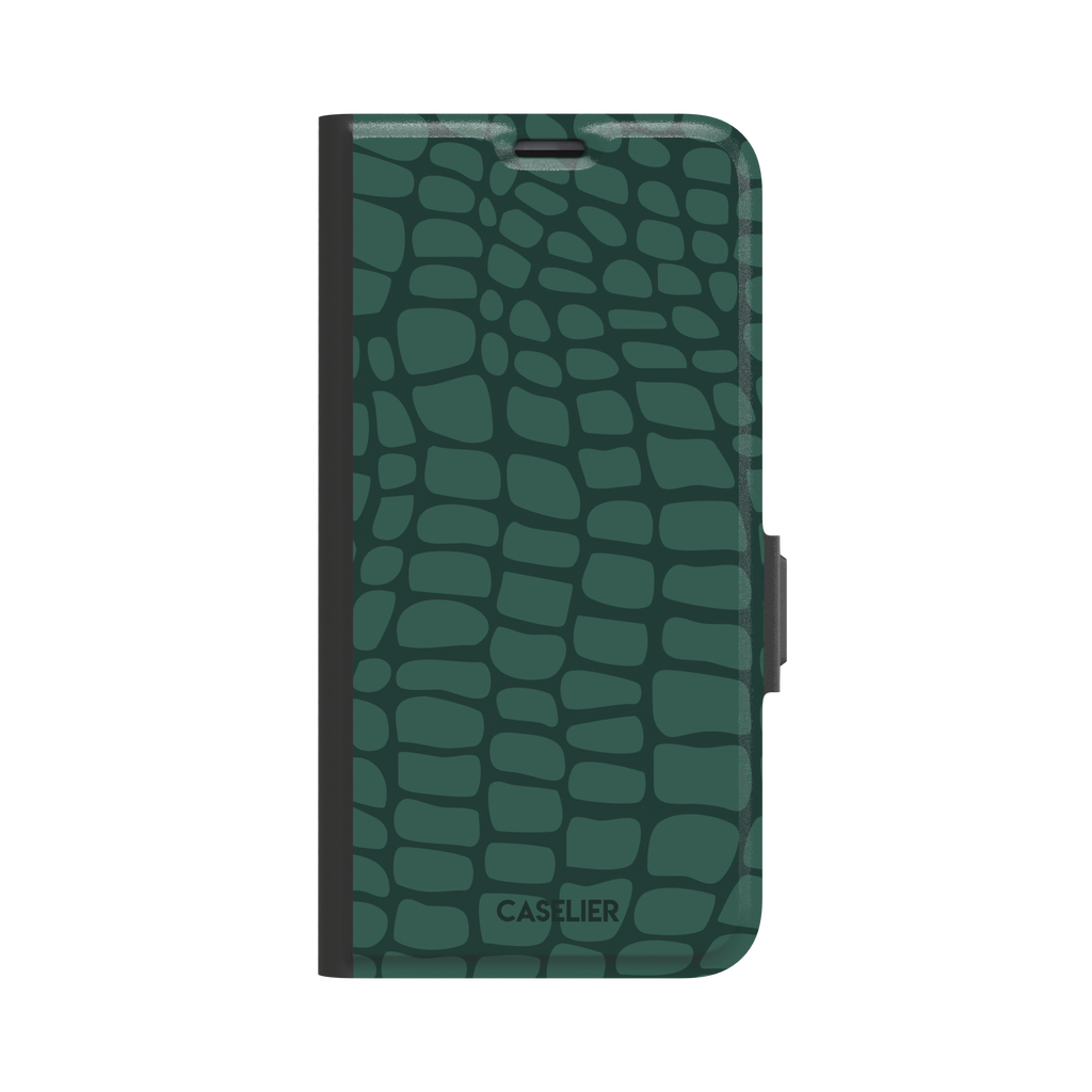 Crocodile phone case in forest green tonal croc-scale pattern, phone case by Caselier — wallet case, front view