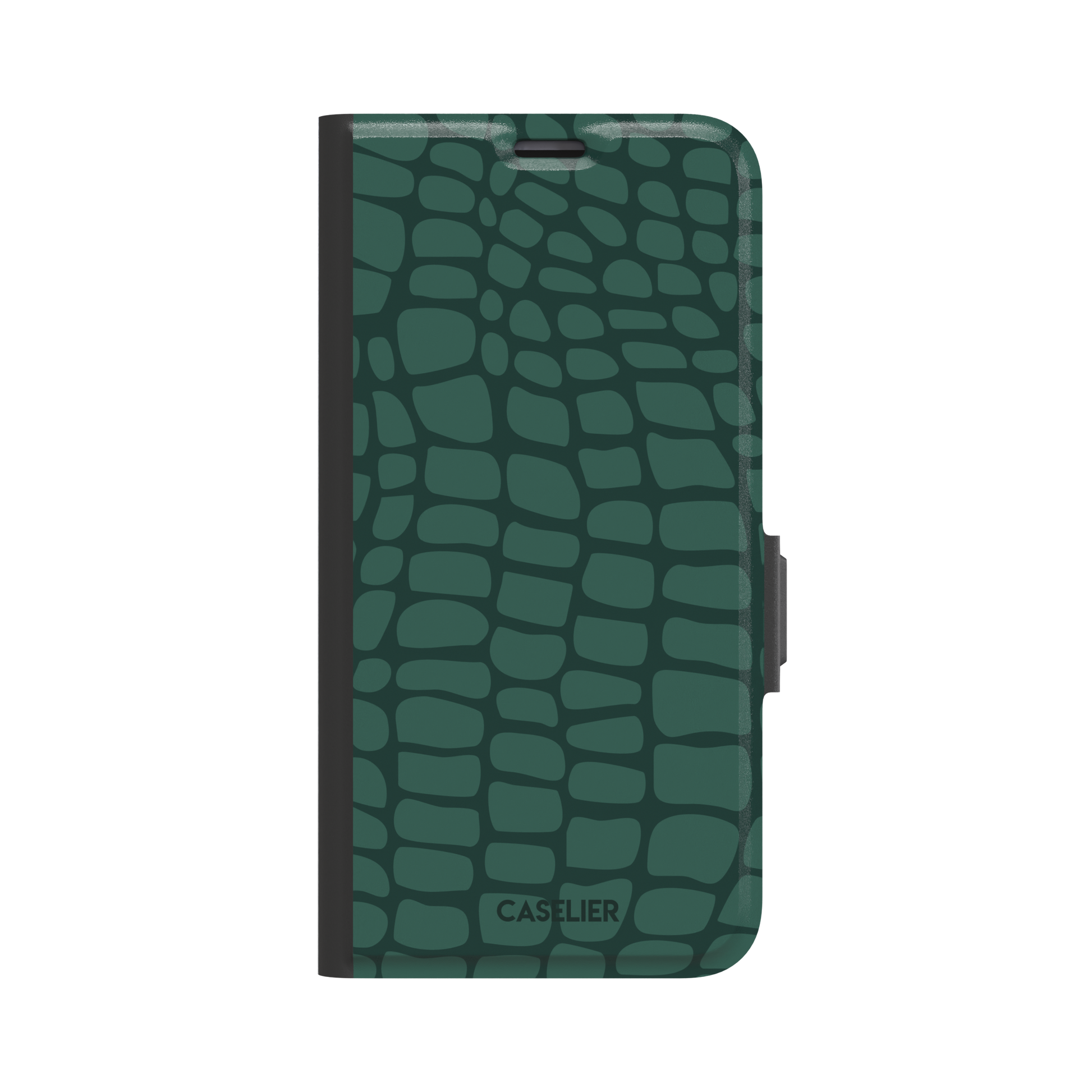 Crocodile phone case in forest green tonal croc-scale pattern, phone case by Caselier — wallet case, front view