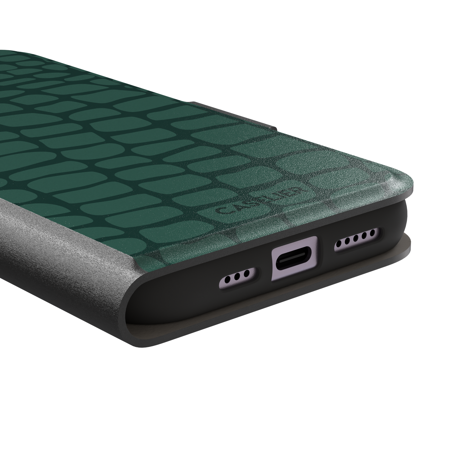 Crocodile phone case in forest green tonal croc-scale pattern, phone case by Caselier — wallet case, charging port detail