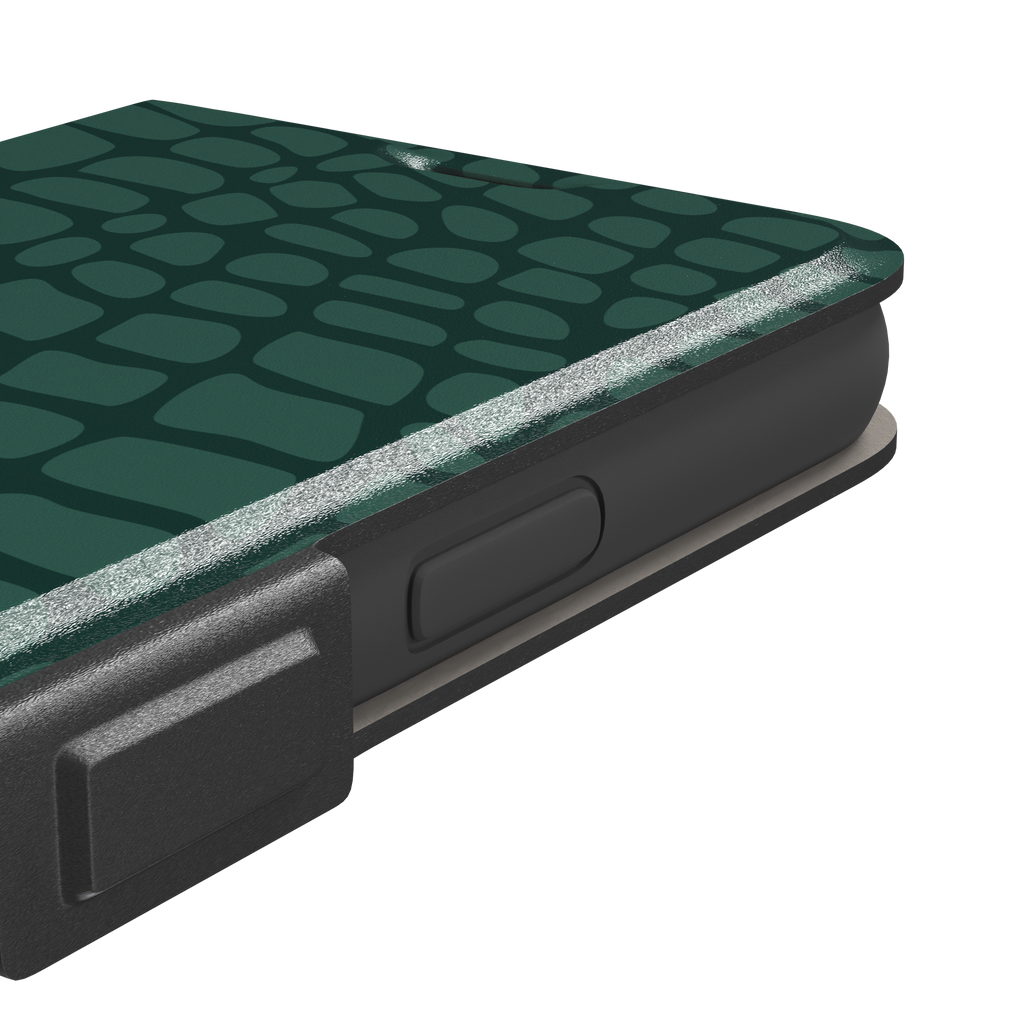 Crocodile phone case in forest green tonal croc-scale pattern, phone case by Caselier — wallet case, volume buttons detail