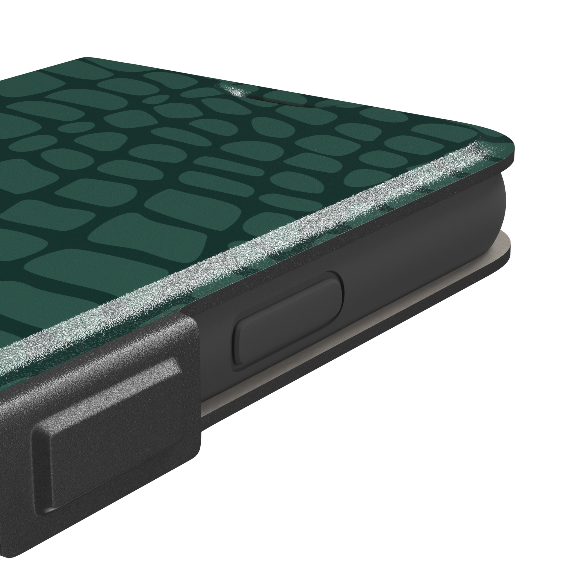 Crocodile phone case in forest green tonal croc-scale pattern, phone case by Caselier — wallet case, volume buttons detail